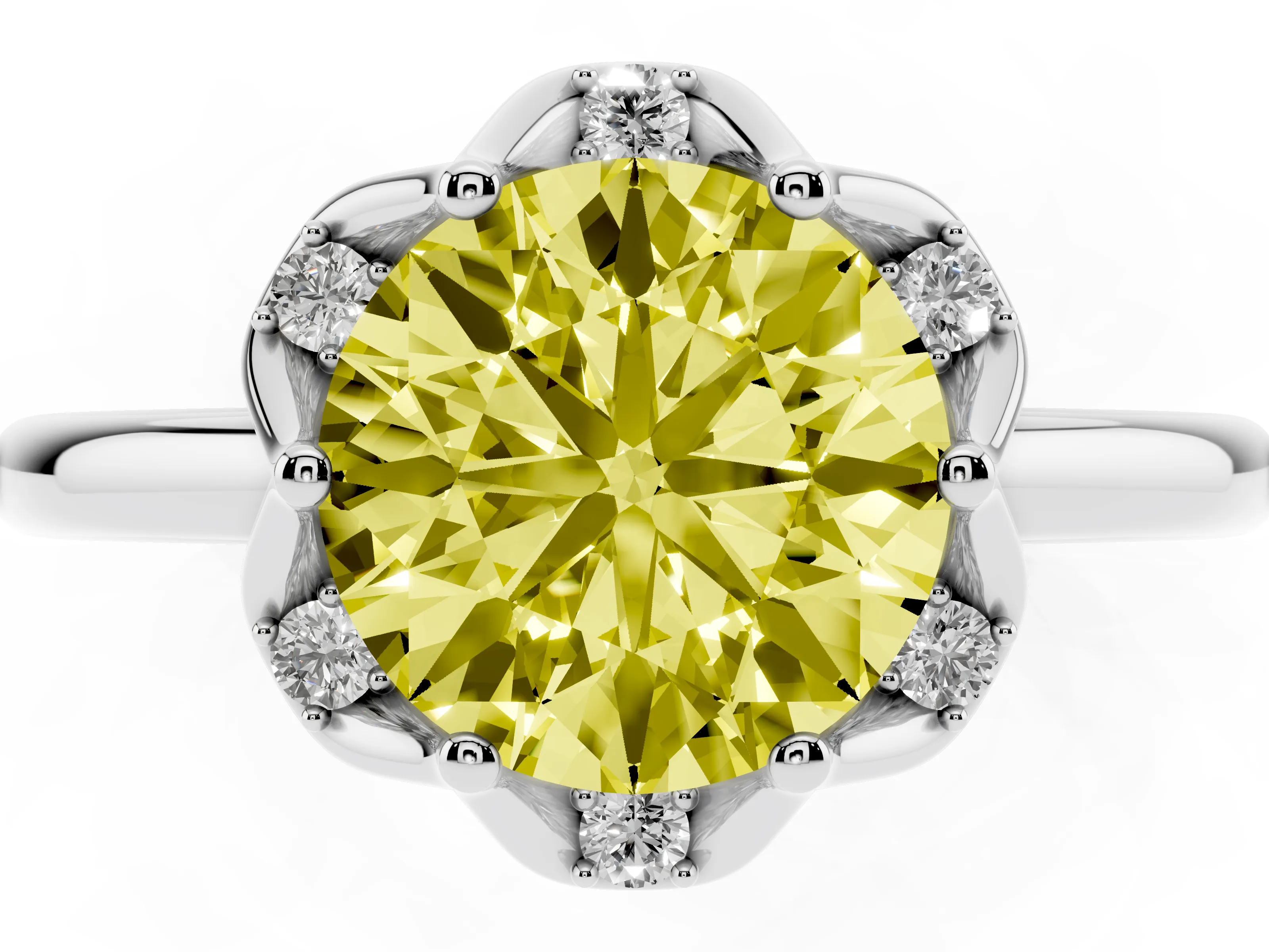 Fancy Yellow Round Cut Diamond Round Cluster Halo Ring Set in White gold with Solitaire Band and Prong Setting
