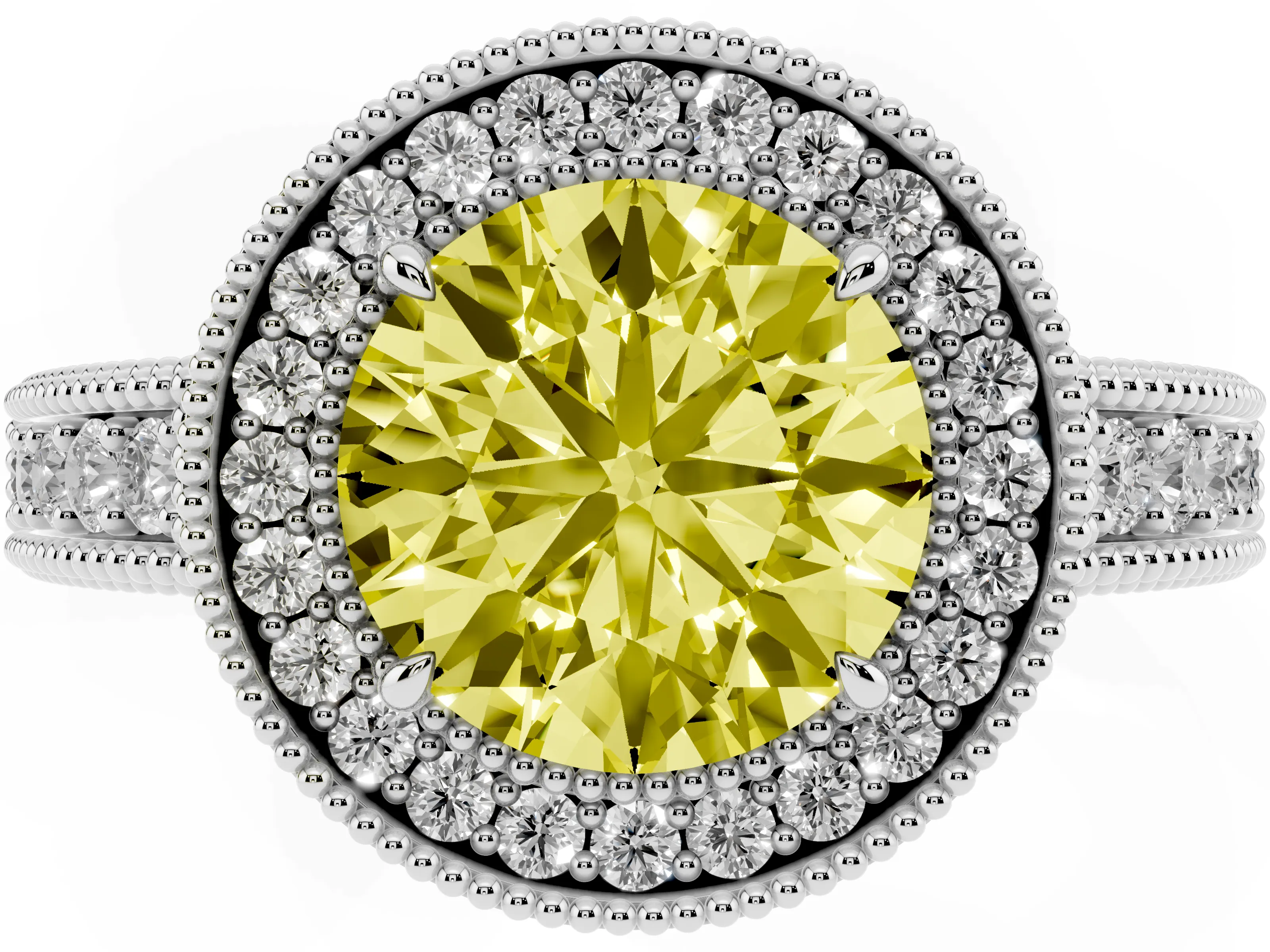 Fancy Yellow Round Cut Diamond Halo Ring Set in Silver with Round Accent Halo, Pavé Band and Prong Setting