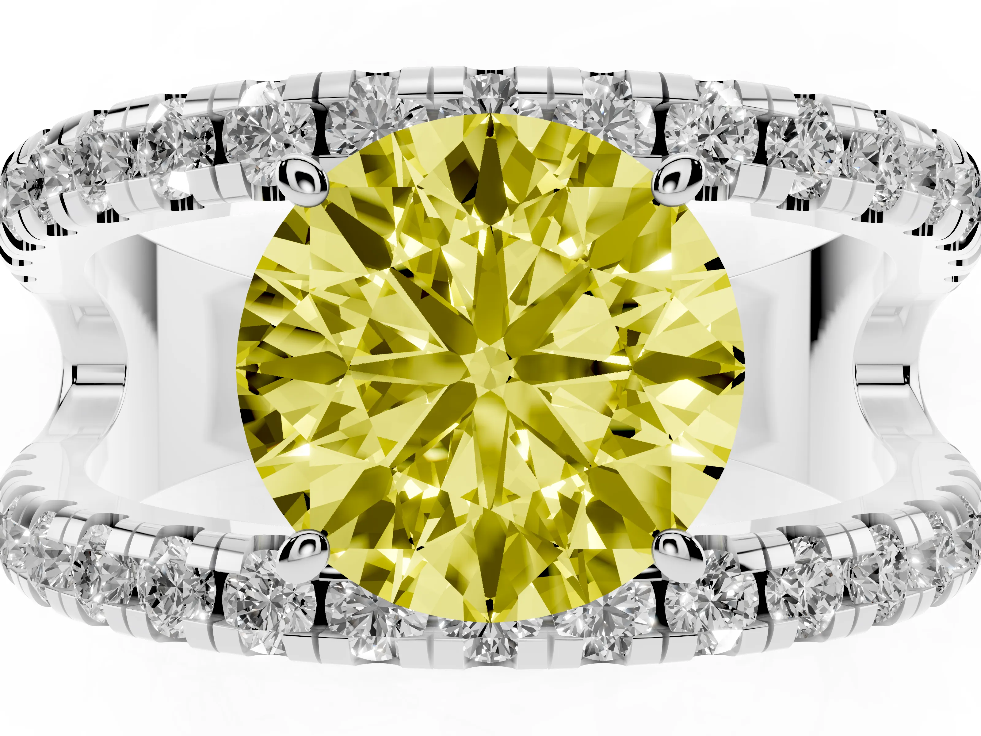 Fancy Yellow Round Cut Diamond Split Shank Pavé Solitaire Ring Set in White gold with Open Shank Design