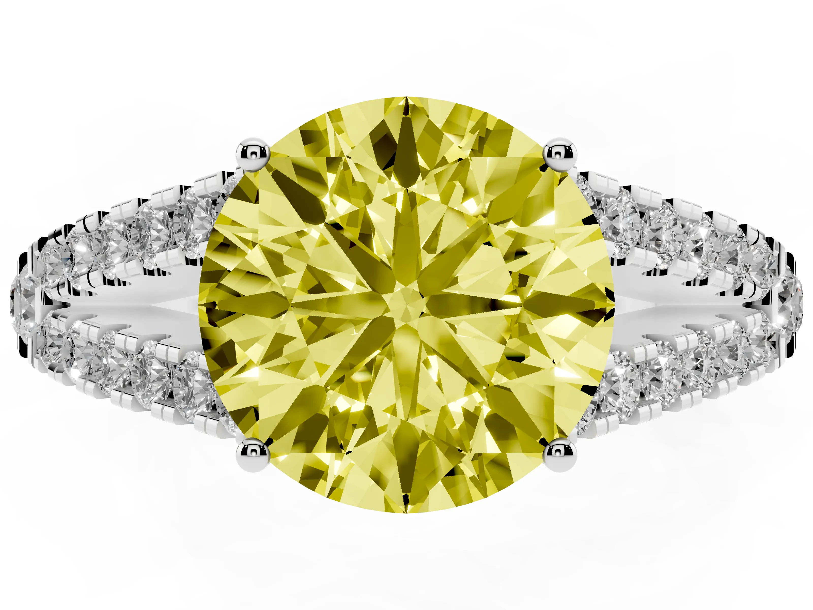 Fancy Yellow Round Cut Diamond Split Shank Pavé Engagement Ring Set in Silver with Prong-Held Center Stone