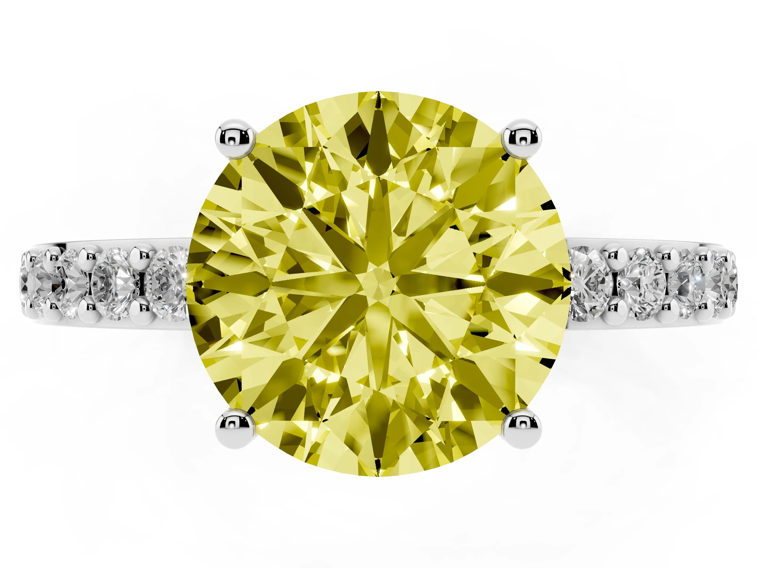 Fancy Yellow Round Cut Diamond Solitaire Set in Silver with Round Pavé Band and Prong Setting