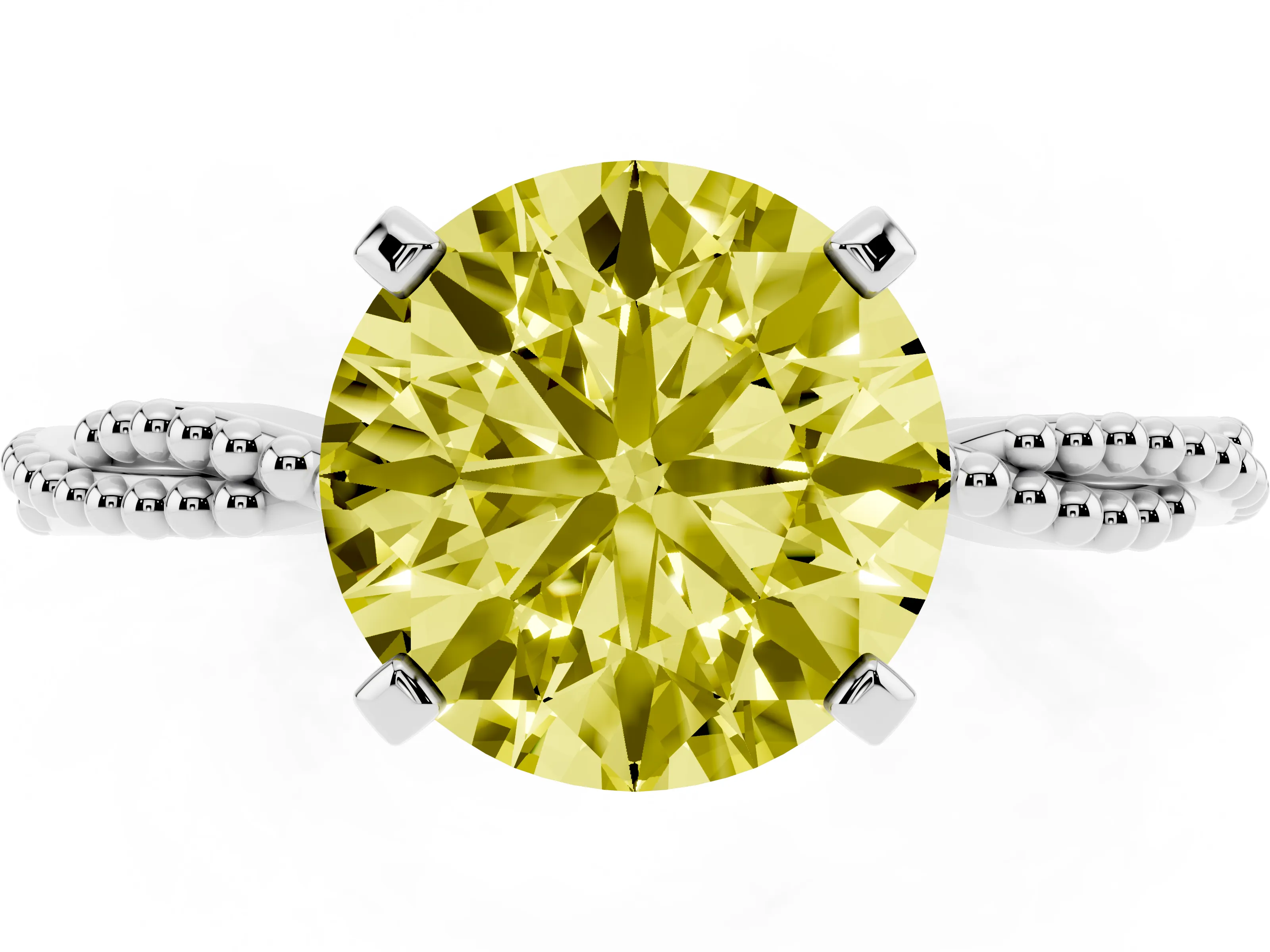 Fancy Yellow Round Cut Diamond Solitaire Ring Set in Silver with Twisted Band and Bead Prong Setting