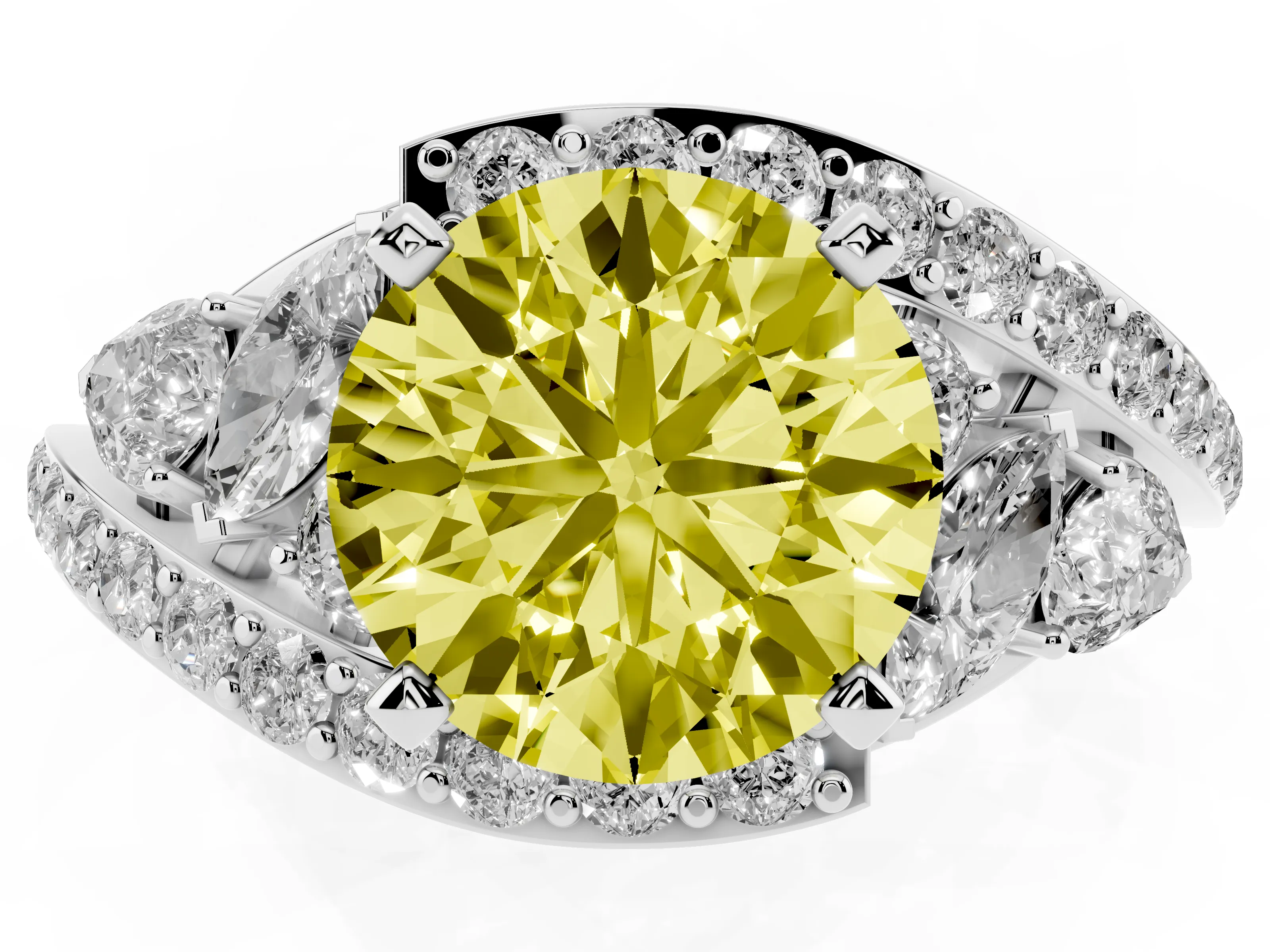 Fancy Yellow Round Cut Diamond Halo Ring Set in Silver with Marquise and Pavé Band in Prong Setting