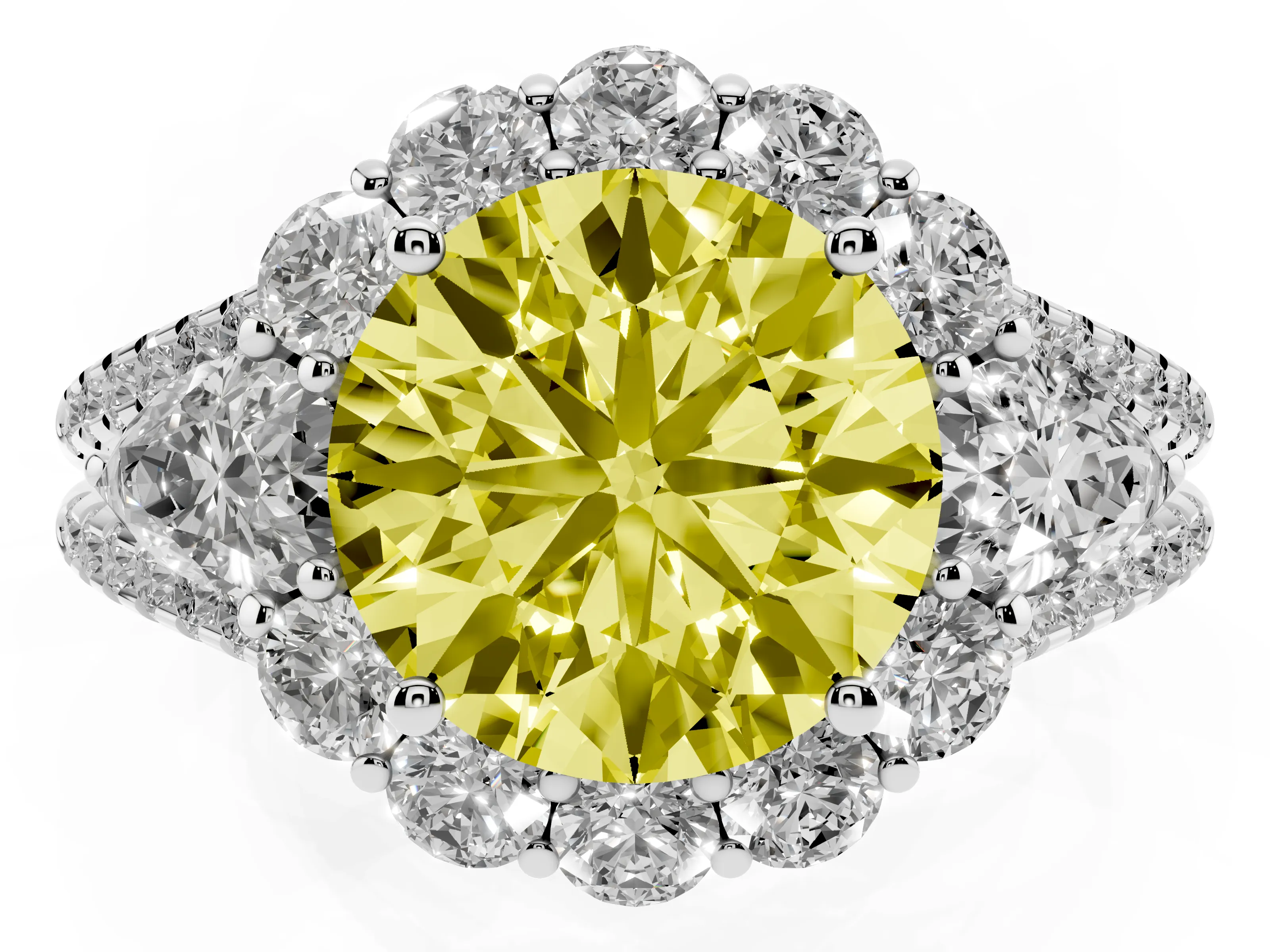 Fancy Yellow Round Cut Diamond Halo Split Shank Engagement Ring Set in White gold with Prong-Held Center Stone