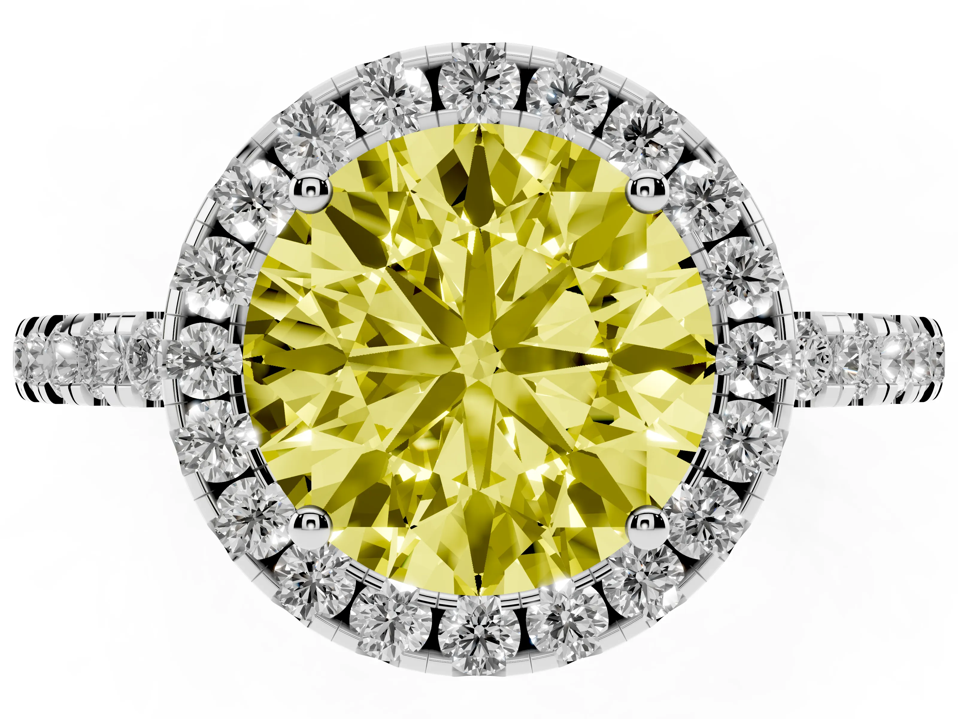 Fancy Yellow Round Cut Diamond Pavé Band Halo Engagement Ring Set in White gold with Prong Setting