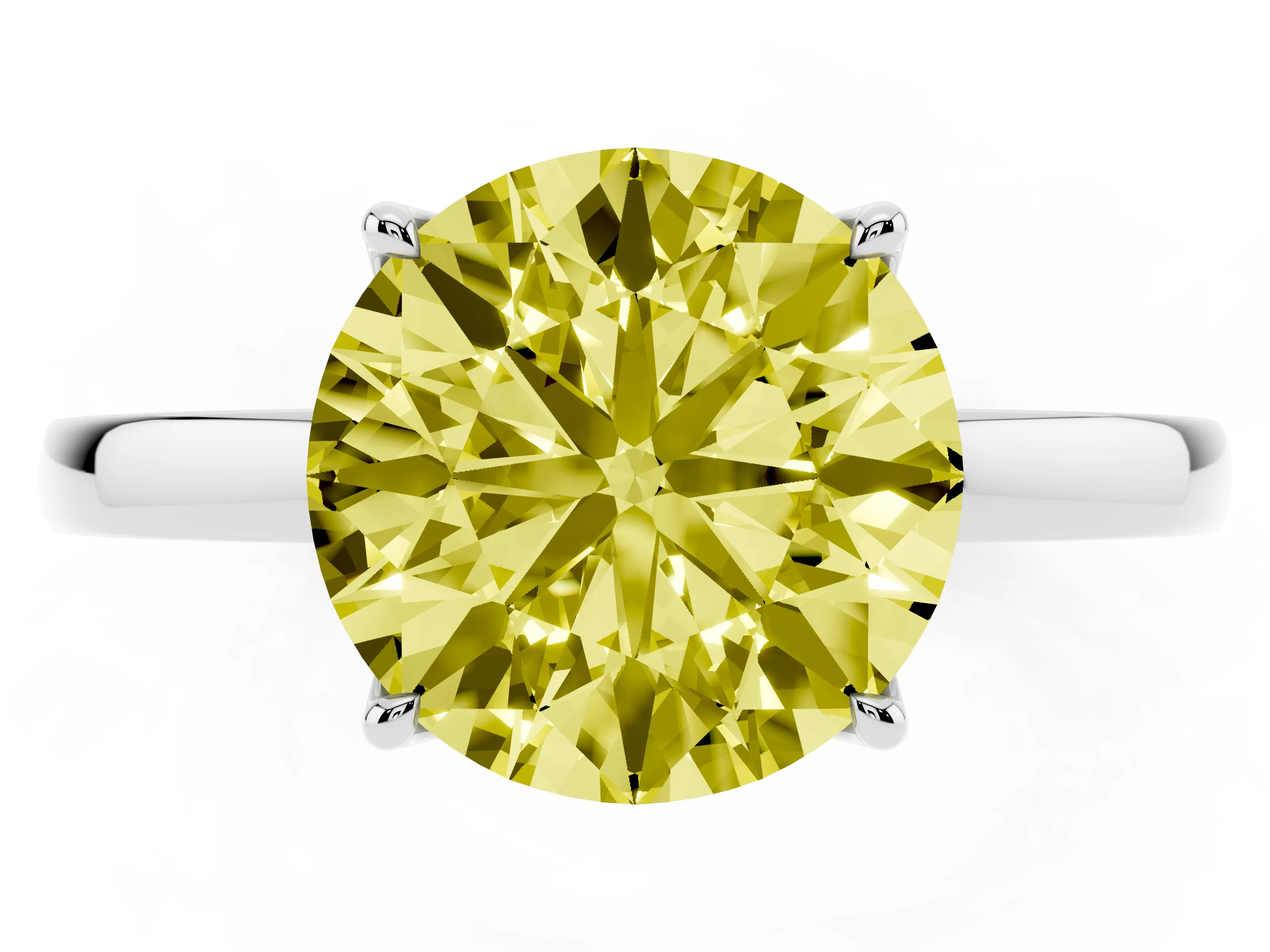 Fancy Yellow Round Cut Diamond Solitaire Ring Set in White gold with Prong Setting and Thin Polished Band
