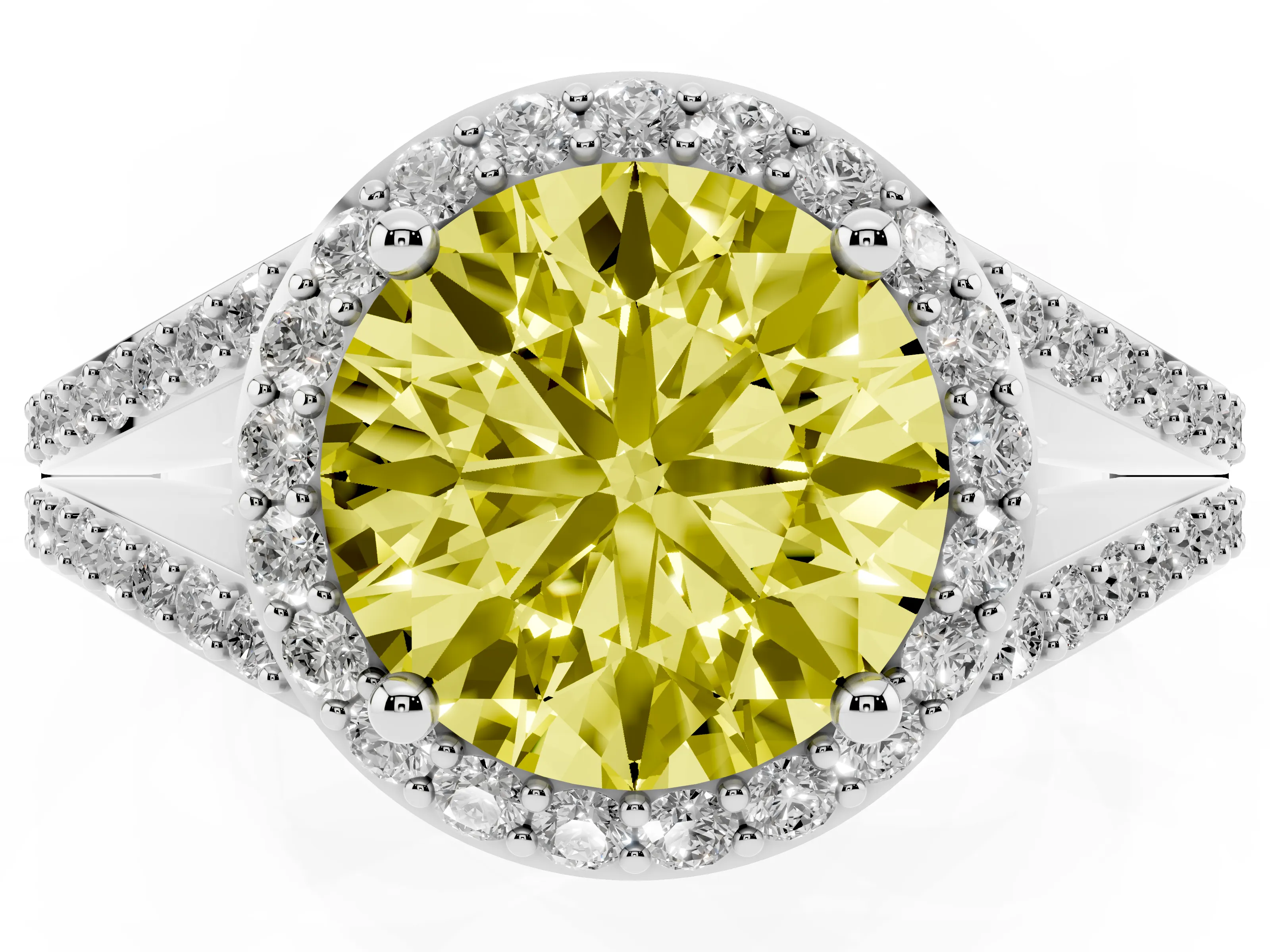 Fancy Yellow Round Cut Diamond Halo Split Shank Pavé Ring Set in White gold with Prong Setting