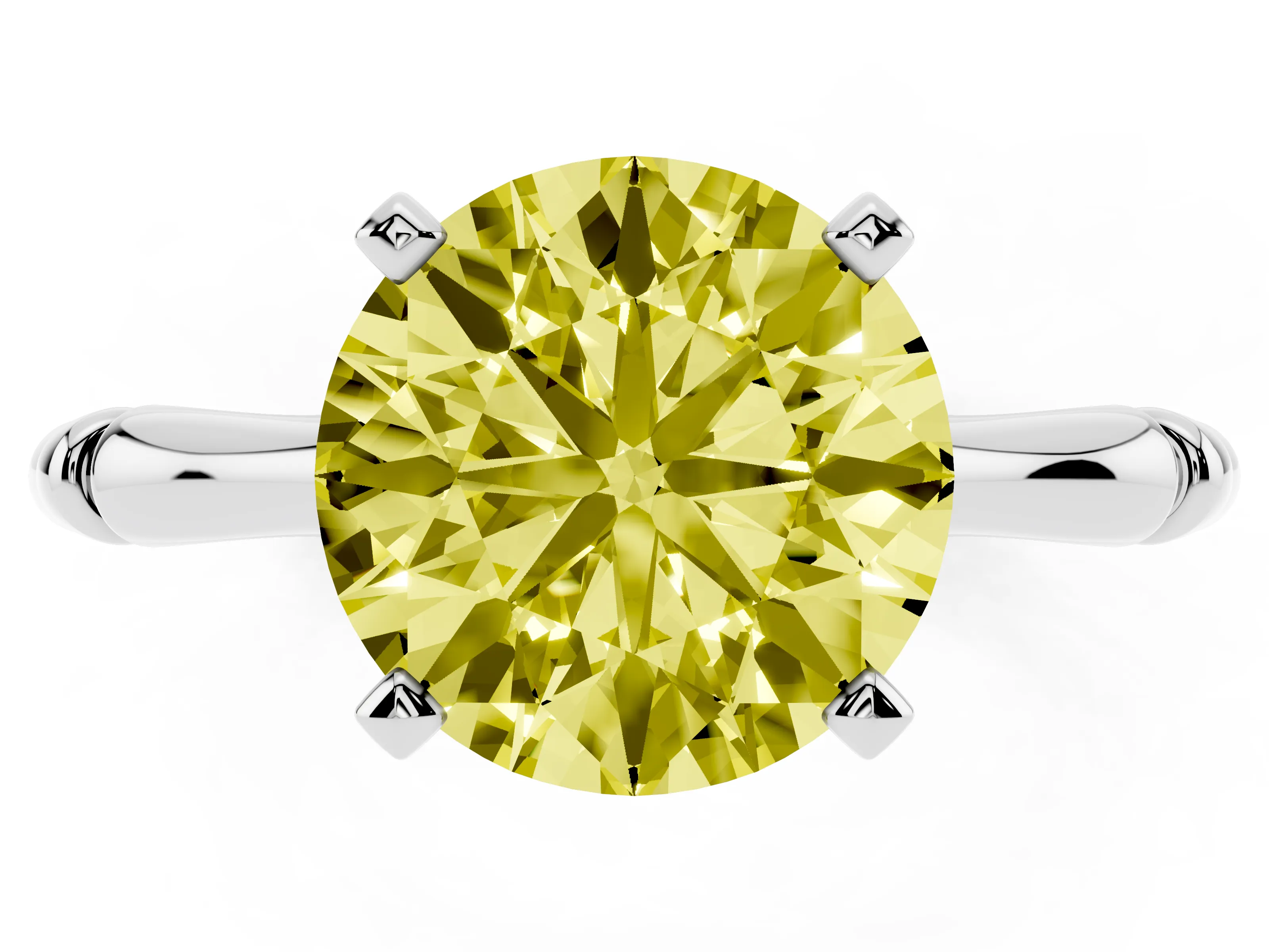 Fancy Yellow Round Cut Diamond Solitaire Ring Set in Platinum with Bamboo Band and Prong Setting