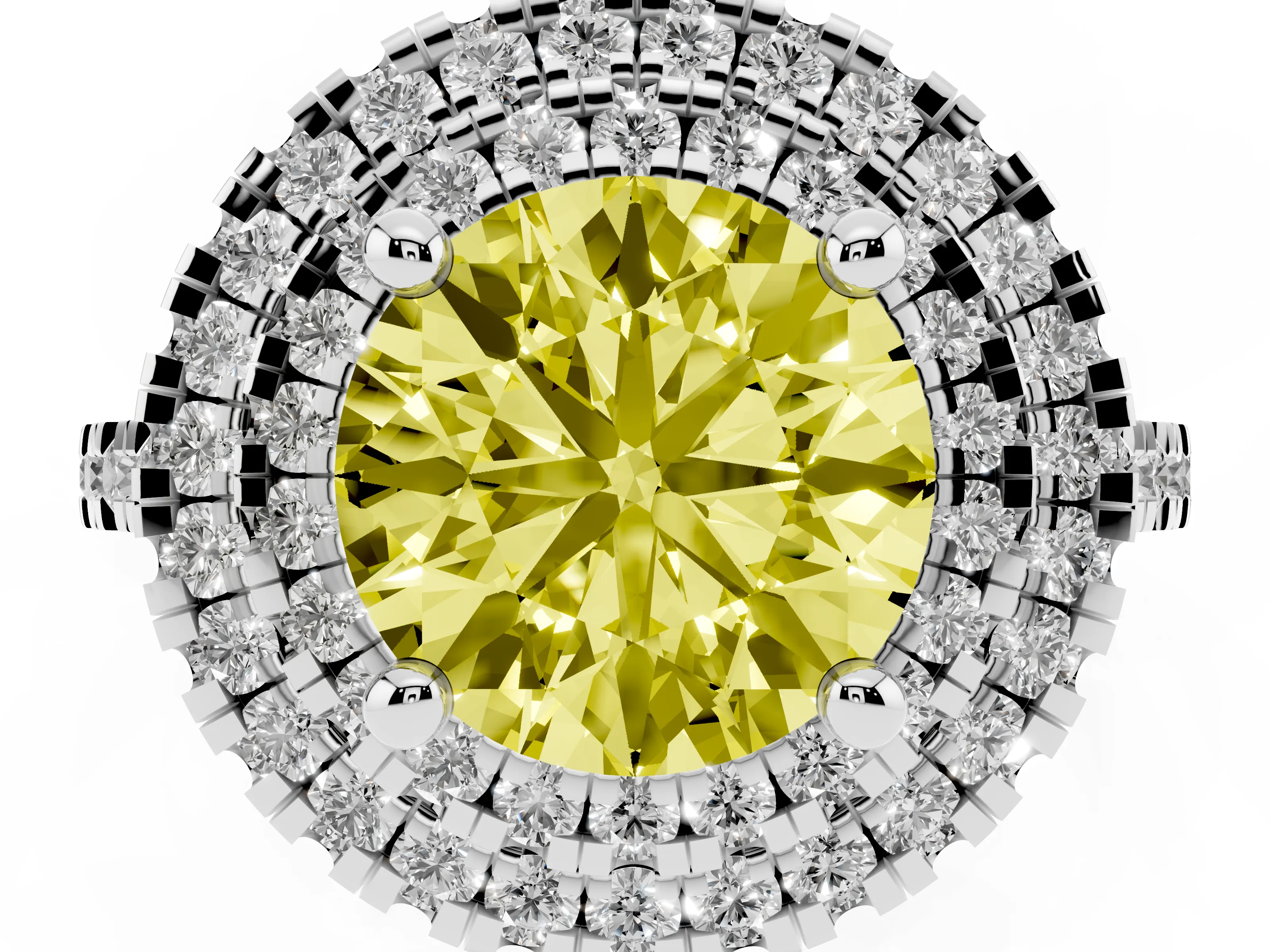Fancy Yellow Round Cut Diamond Double Halo Statement Ring Set in Silver with Pavé Band