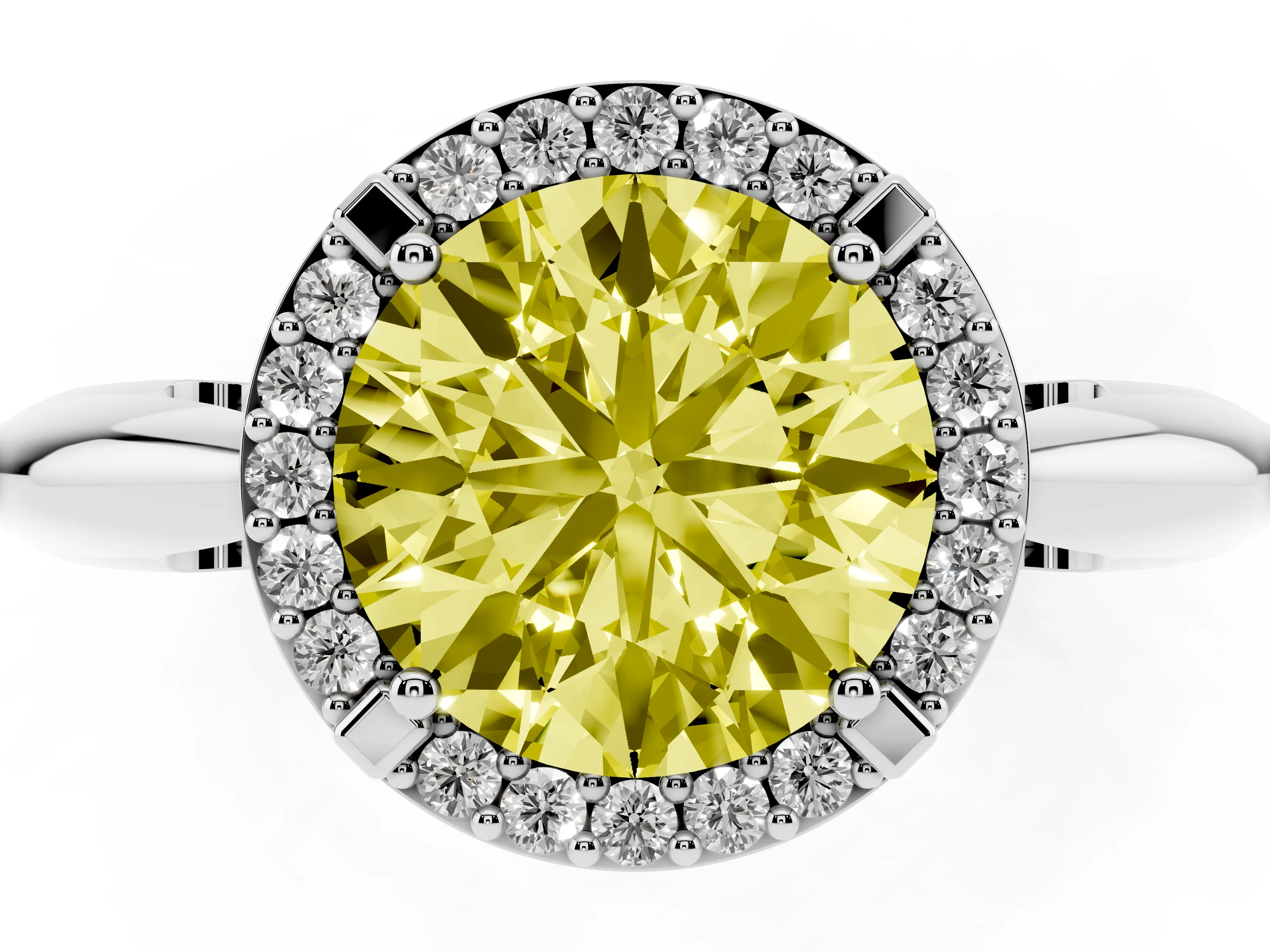 Fancy Yellow Round Cut Diamond Halo Engagement Ring Set in White gold with Plain Split Shank and Prong Setting