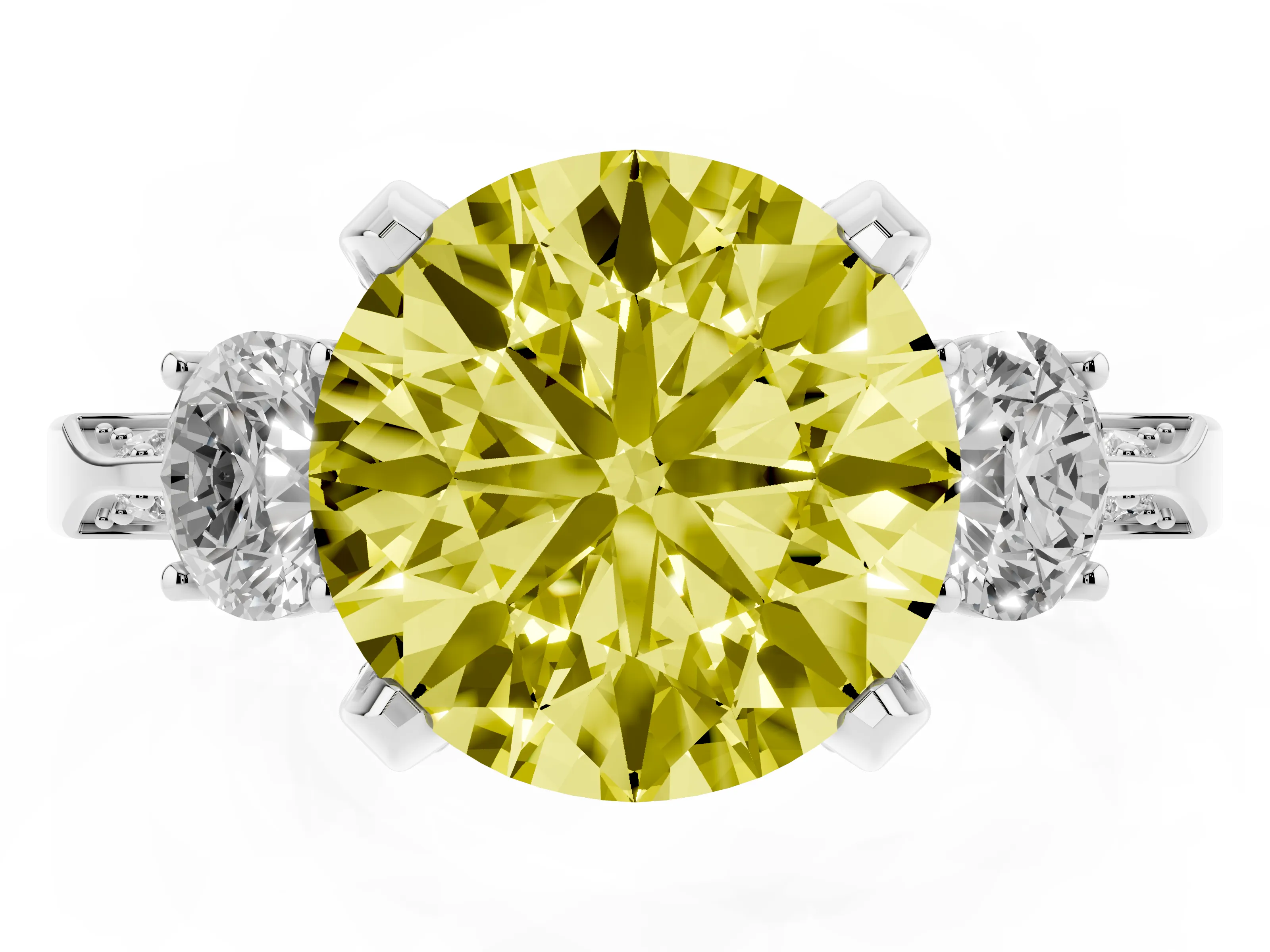 Fancy Yellow Round Cut Diamond Three-Stone Ring Set in Silver with Pavé Band and Smaller Side Stones