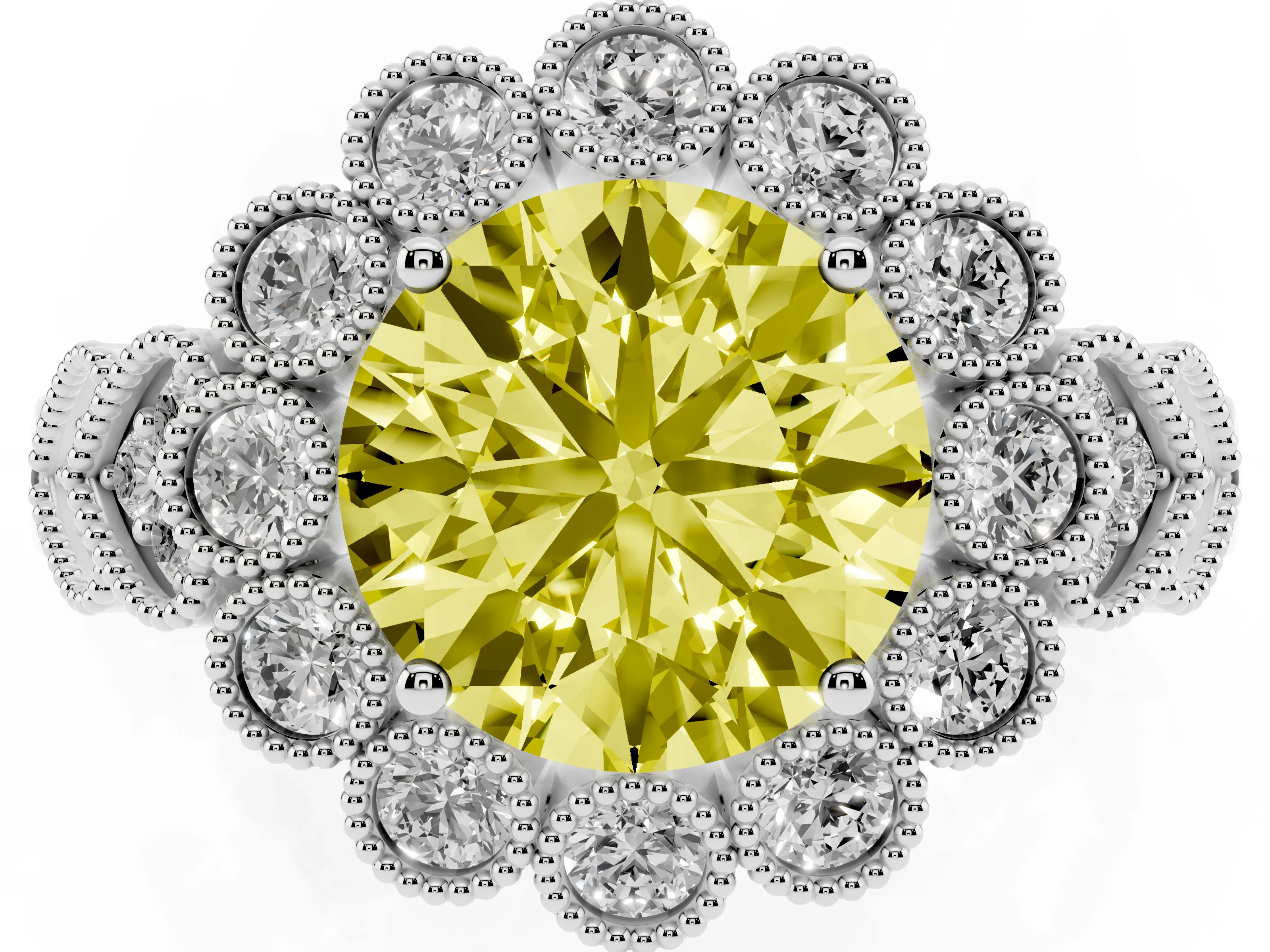 Fancy Yellow Round Cut Diamond Solitaire Ring Set in White gold with Milgrain Pavé Heart Band