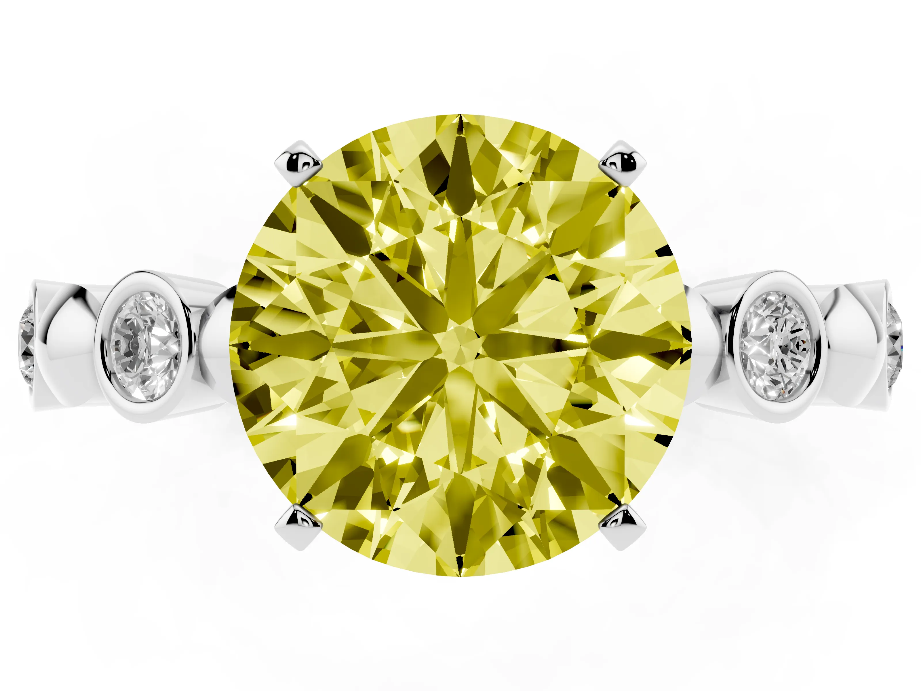 Fancy Yellow Round Cut Diamond Solitaire Ring Set in Silver with Bezel-Set Accents on Beaded Band and Prong Setting