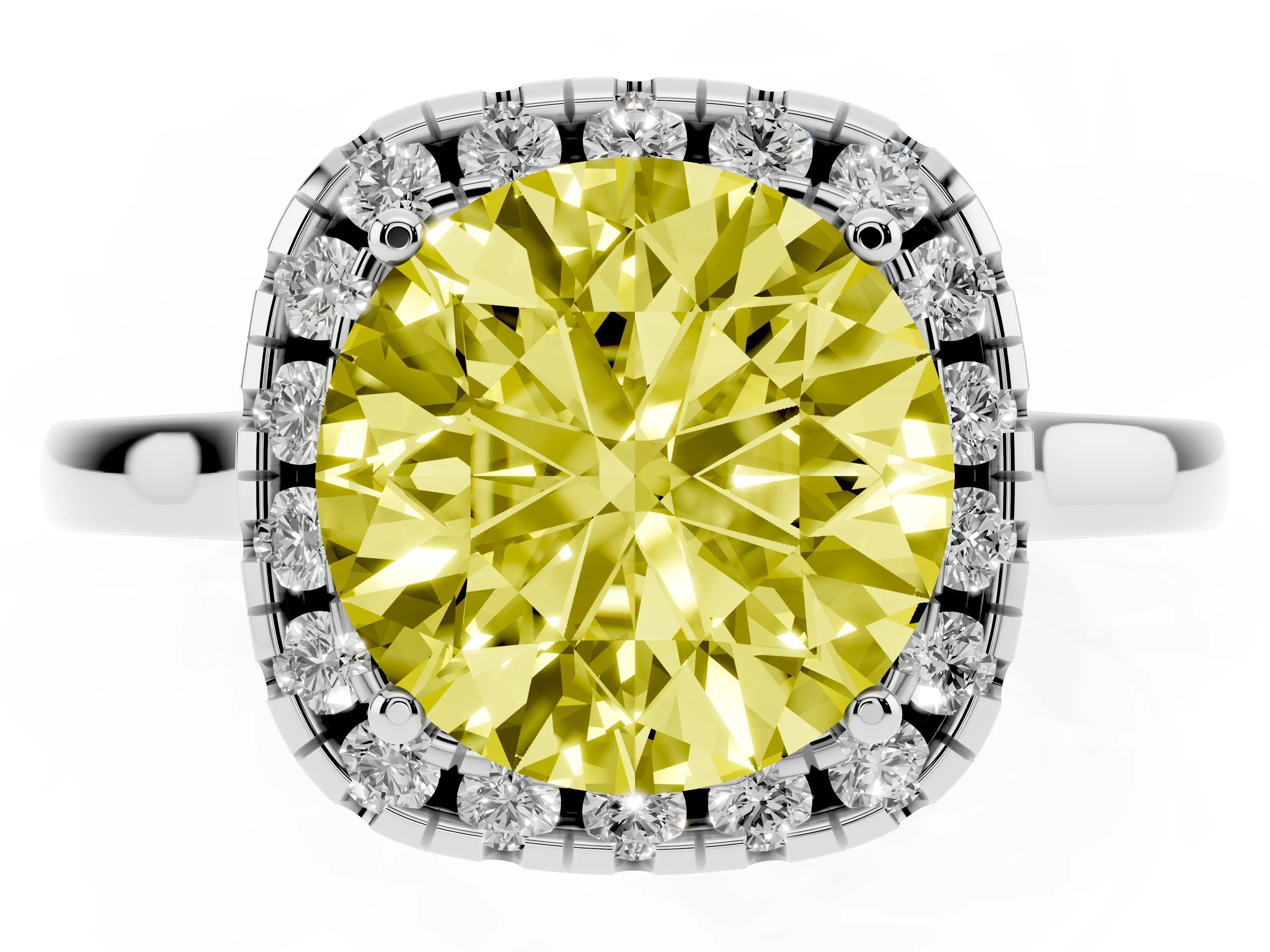 Fancy Yellow Round Cut Halo Round Diamond Solitaire Ring Set in Silver with Pavé Band and Prong Setting