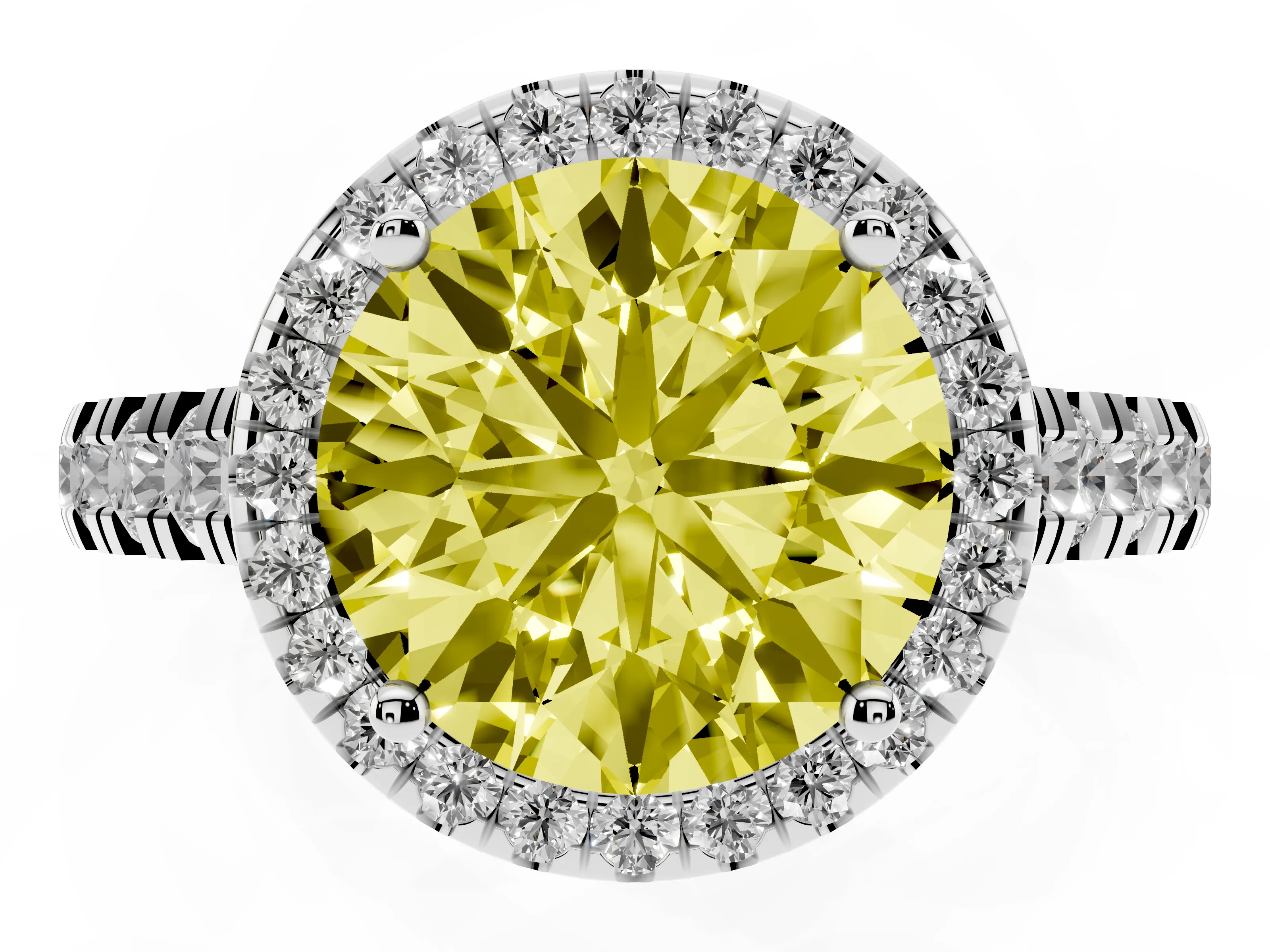 Fancy Yellow Round Cut Diamond Halo Engagement Ring Set in Platinum with Pavé Band and Prong-Set Center