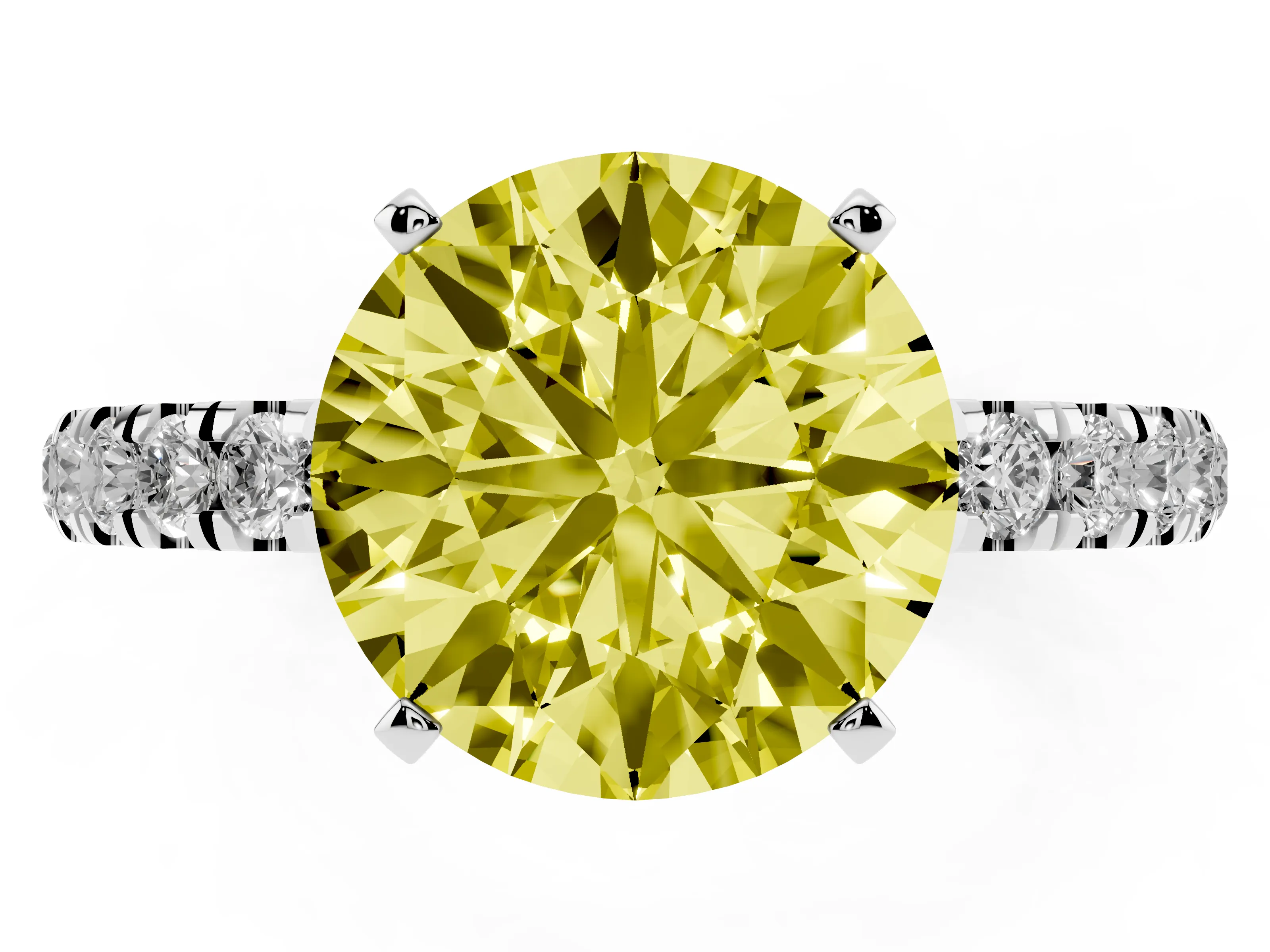Fancy Yellow Round Cut Diamond Solitaire Ring Set in Silver with Pavé Accents and Prong Setting