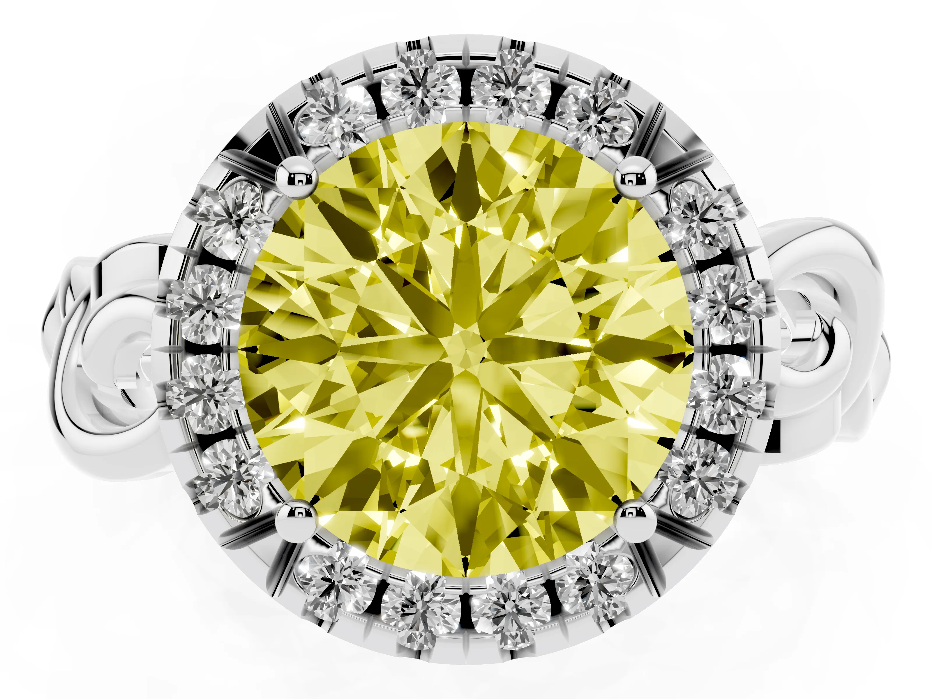 Fancy Yellow Round Cut Diamond Halo Ring Set in Platinum with Scrollwork Band and Prong Setting