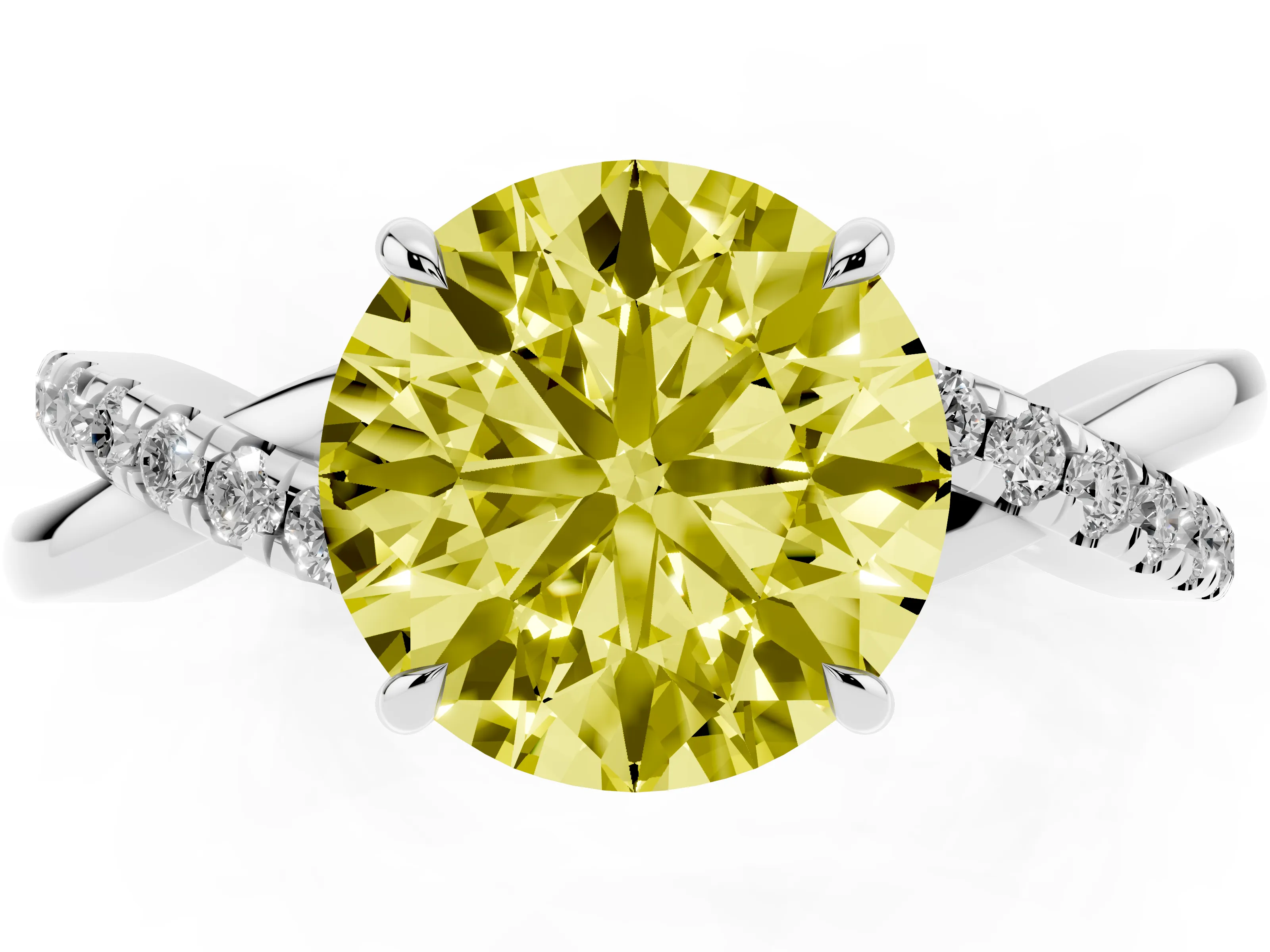 Fancy Yellow Round Cut Diamond Twisted Pavé Band Ring Set in Silver with Prong Setting