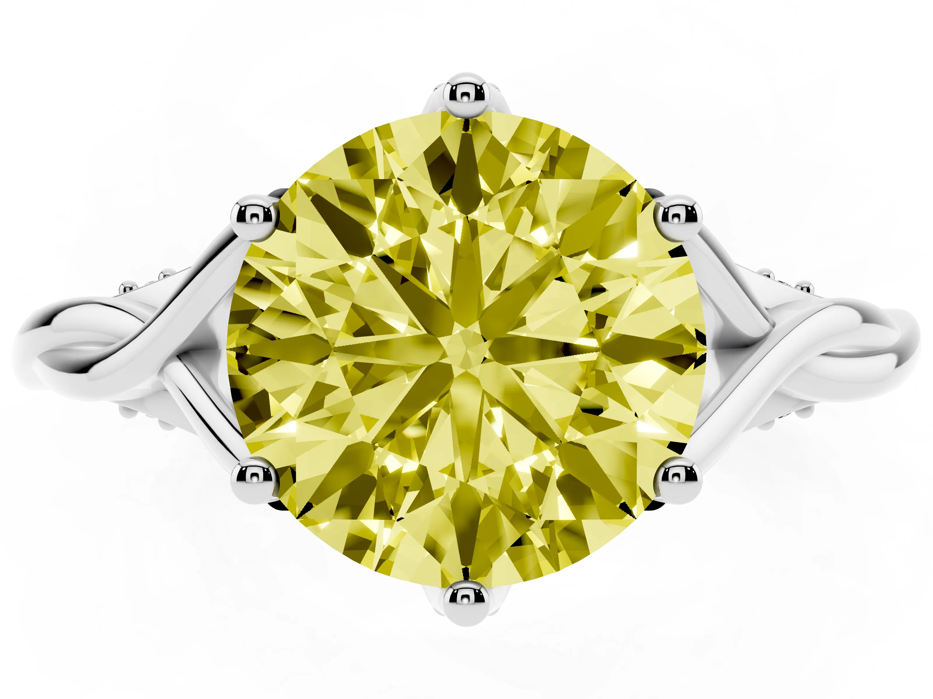 Fancy Yellow Round Cut Diamond Intertwined Twist Band Solitaire Ring Set in White gold with Prong Setting