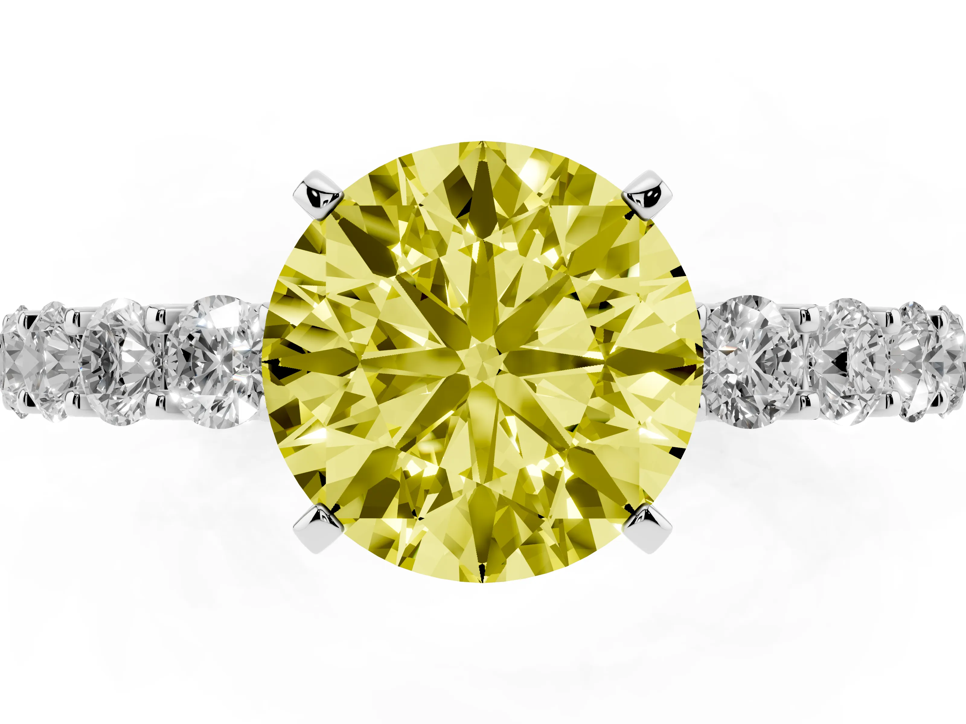 Fancy Yellow Round Cut Diamond Solitaire Ring Set in Silver with Shared Prong Pavé Band