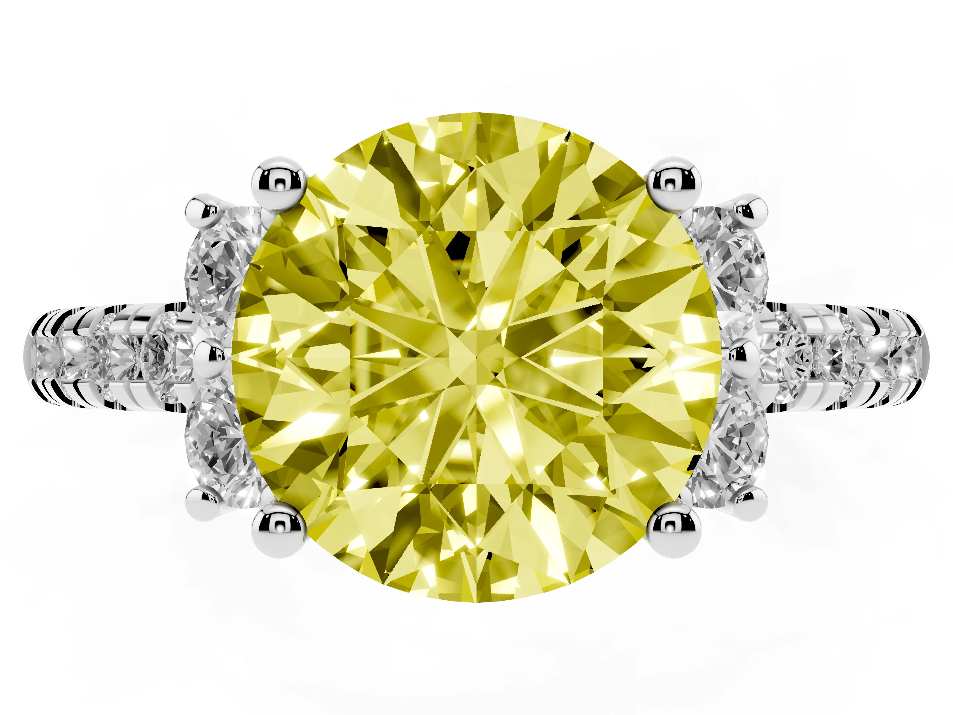 Fancy Yellow Round Cut Diamond Three-Stone Pavé Ring Set in White gold with Prong Setting