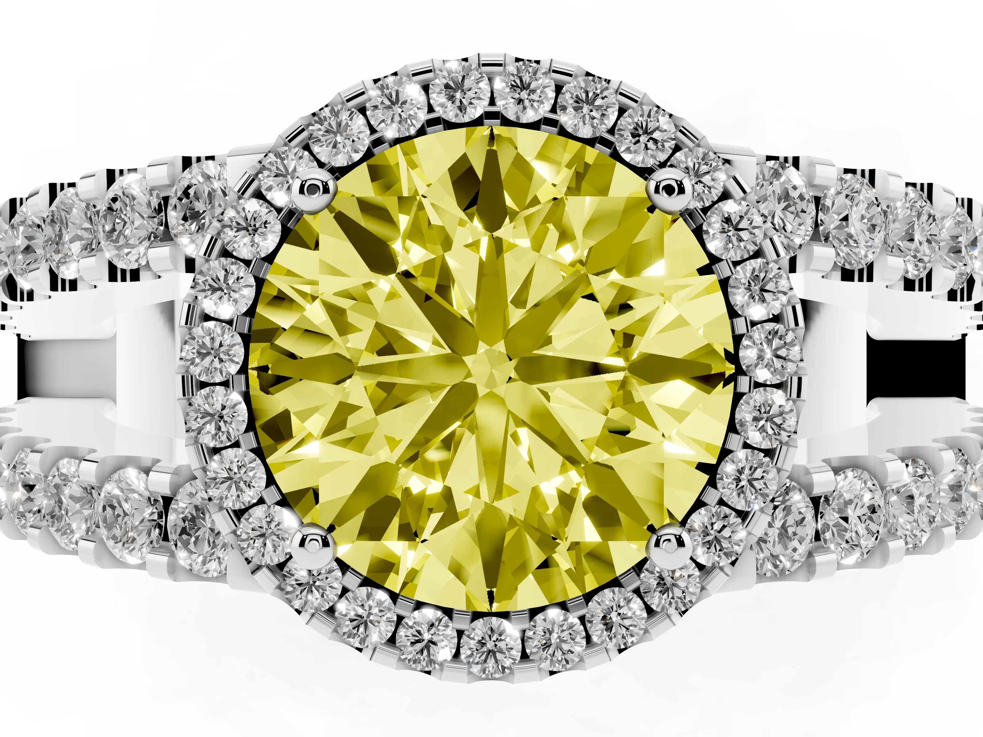 Fancy Yellow Round Cut Diamond Halo Ring Set in Platinum with Pavé Split Shank and Prong Setting