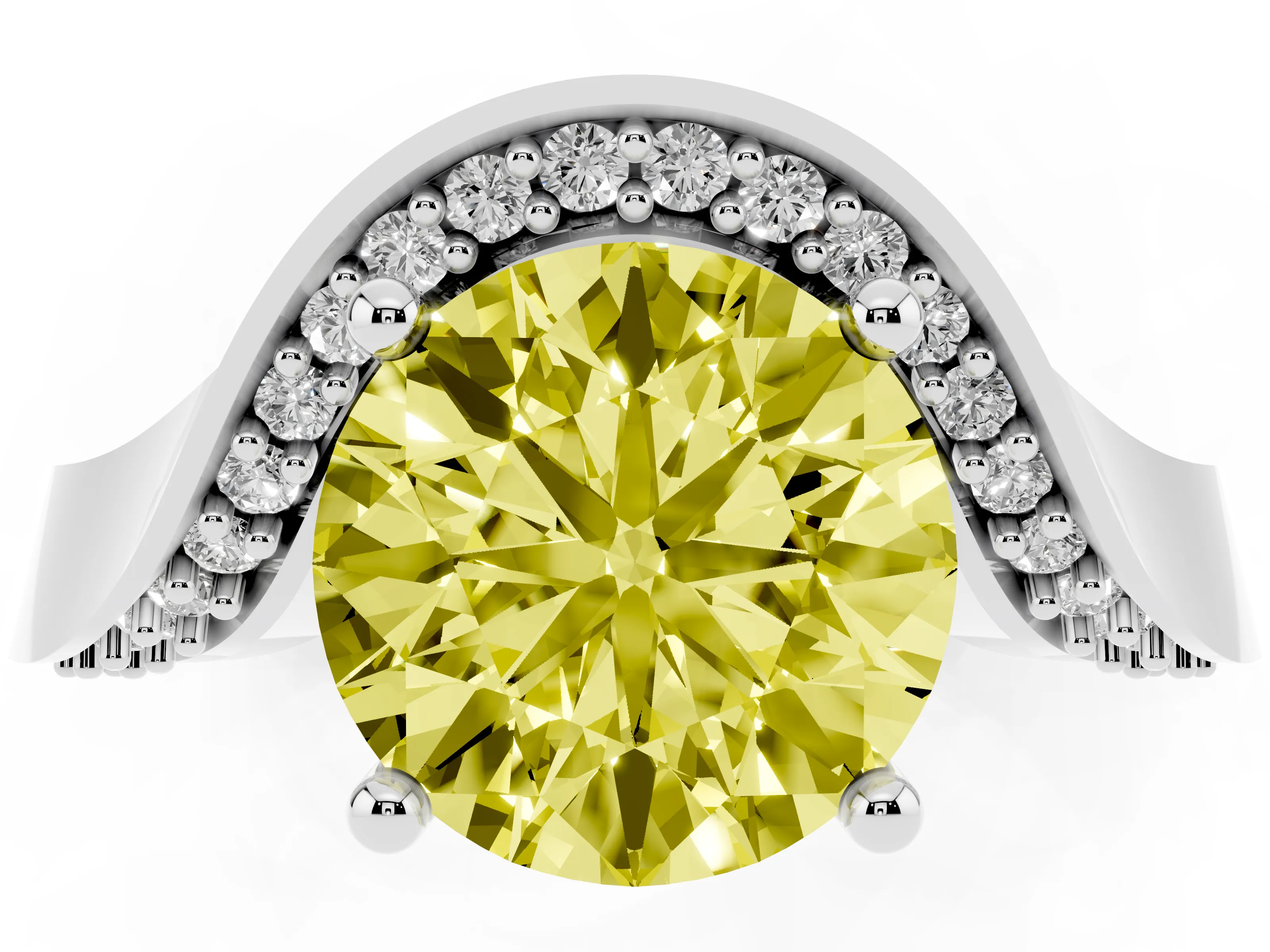 Fancy Yellow Round Cut Diamond Solitaire Engagement Ring Set in White gold with Pavé Shoulders