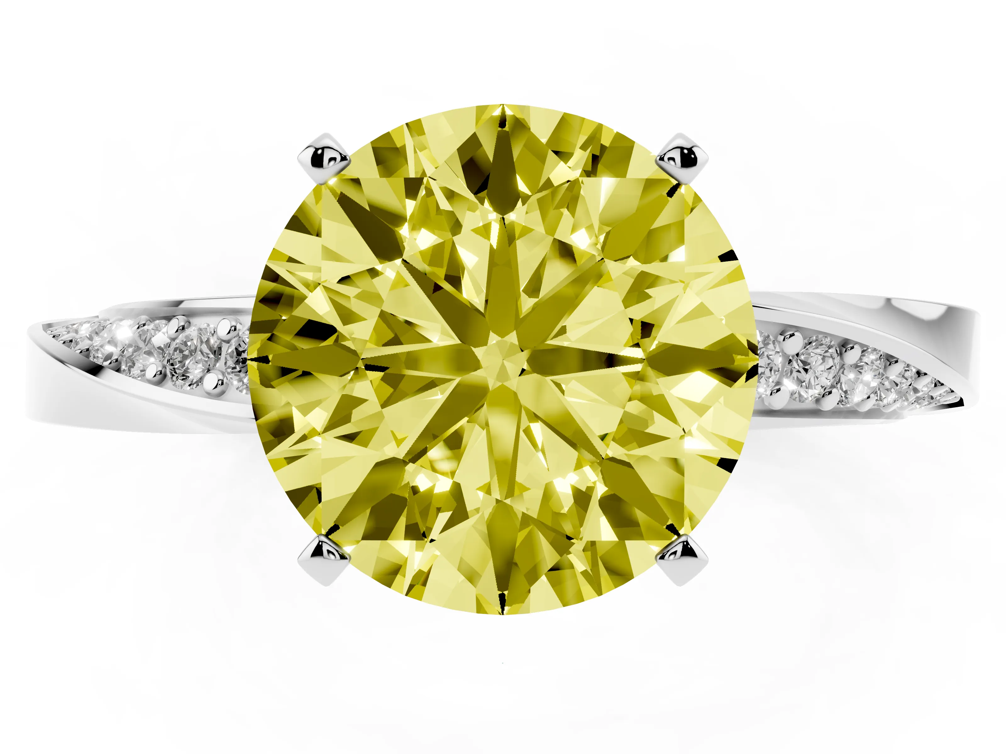 Fancy Yellow Round Cut Diamond Engagement Ring Set in Silver with Side Stone Accents and Prong Setting