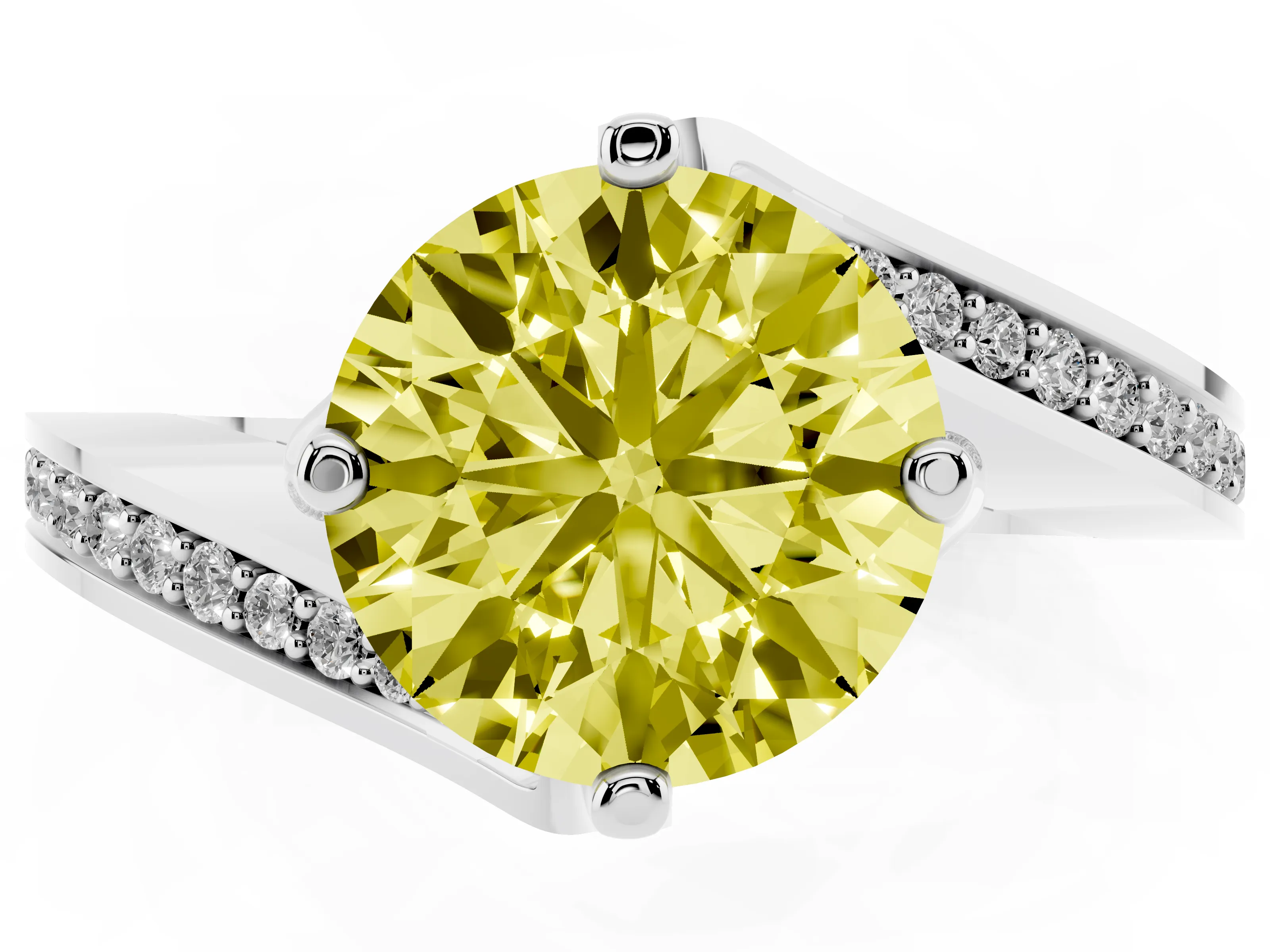 Fancy Yellow Round Cut Diamond Solitaire Ring Set in Silver with Intertwined Pavé Twist Band