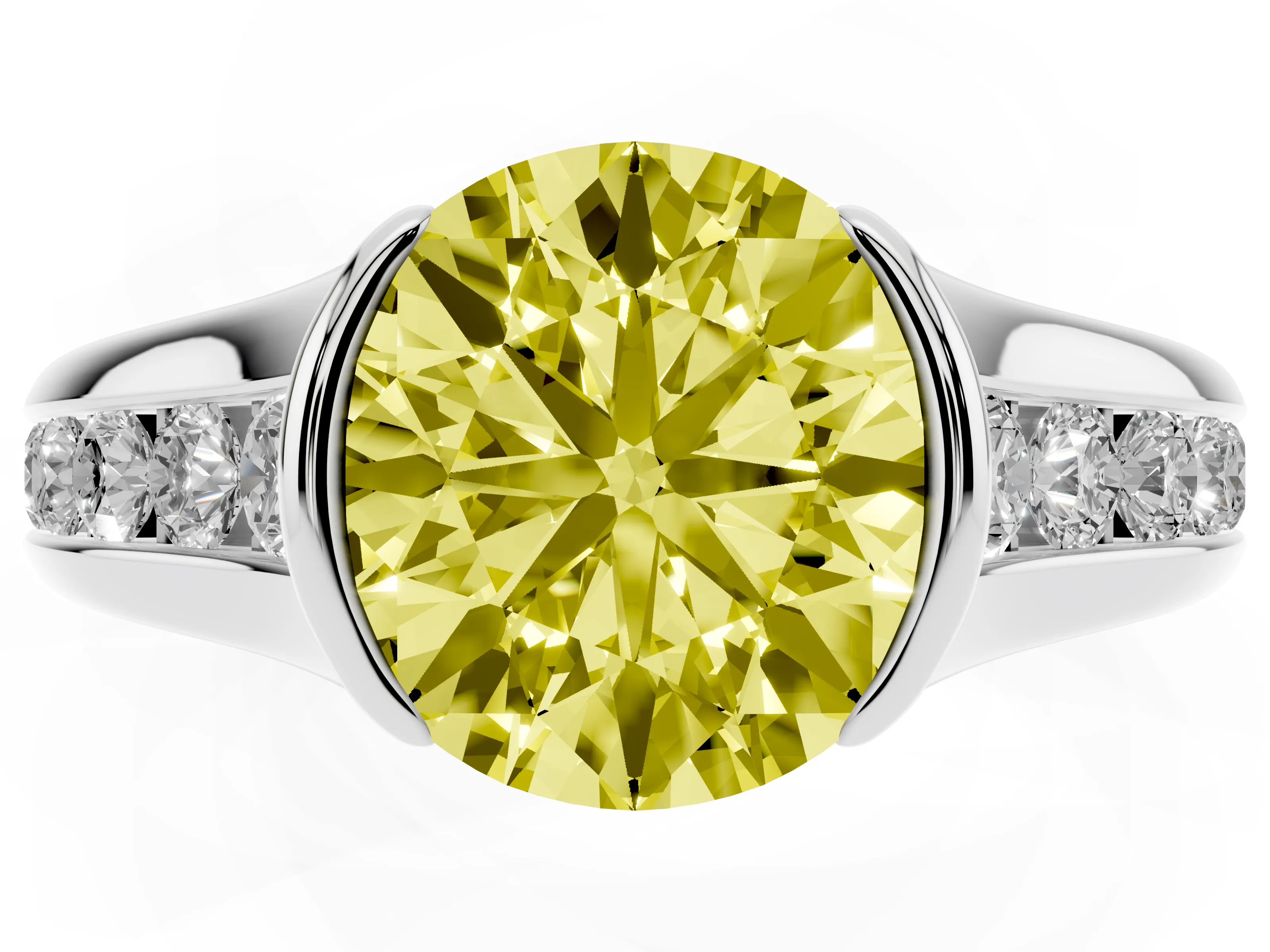 Fancy Yellow Round Cut Diamond Bezel-Set Solitaire Ring Set in White gold with Channel-Set Band
