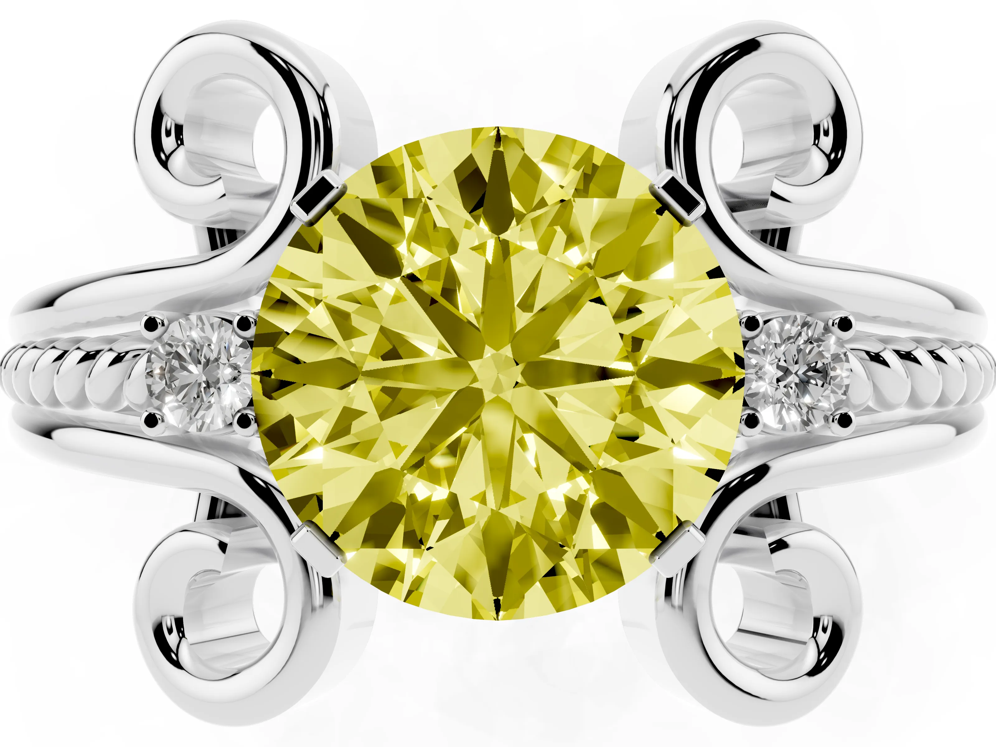Fancy Yellow Round Cut Diamond Twisted Band Solitaire Ring Set in Platinum with Scroll Prongs