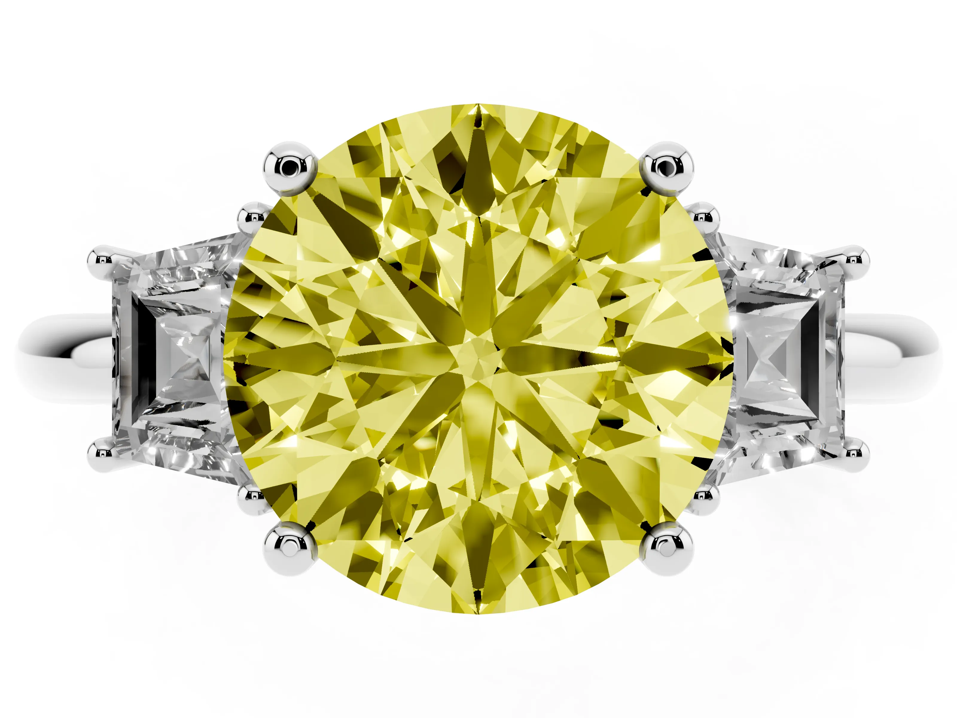 Fancy Yellow Round Cut Diamond Three-Stone Ring Set in White gold with Trapezoid Side Stones and Prong Setting
