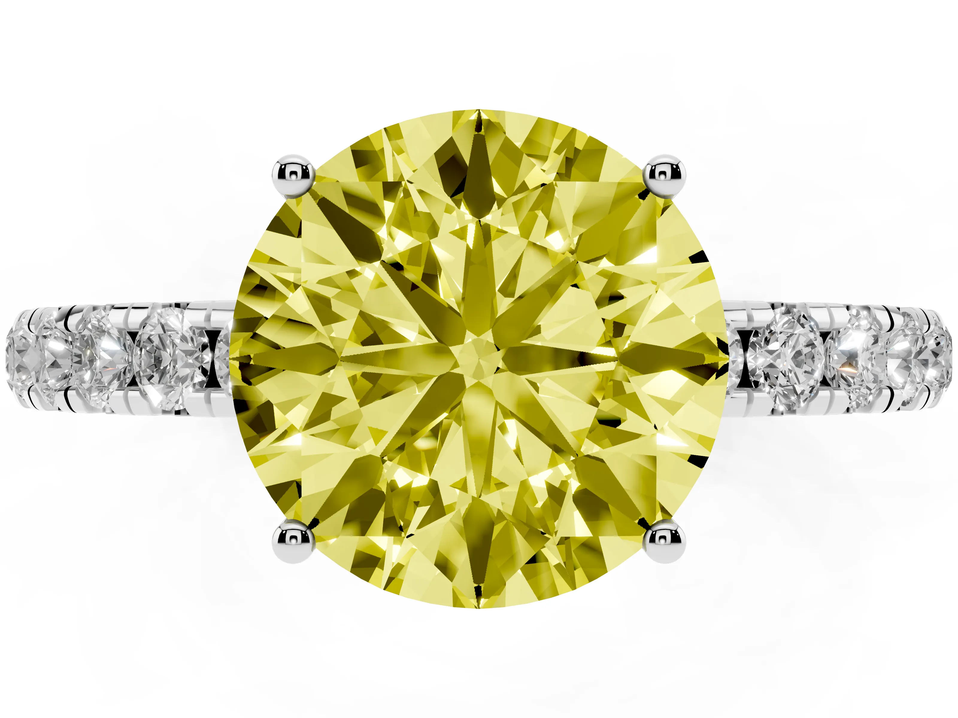 Fancy Yellow Round Cut Diamond Pavé Solitaire Engagement Ring Set in White gold with Prong Setting