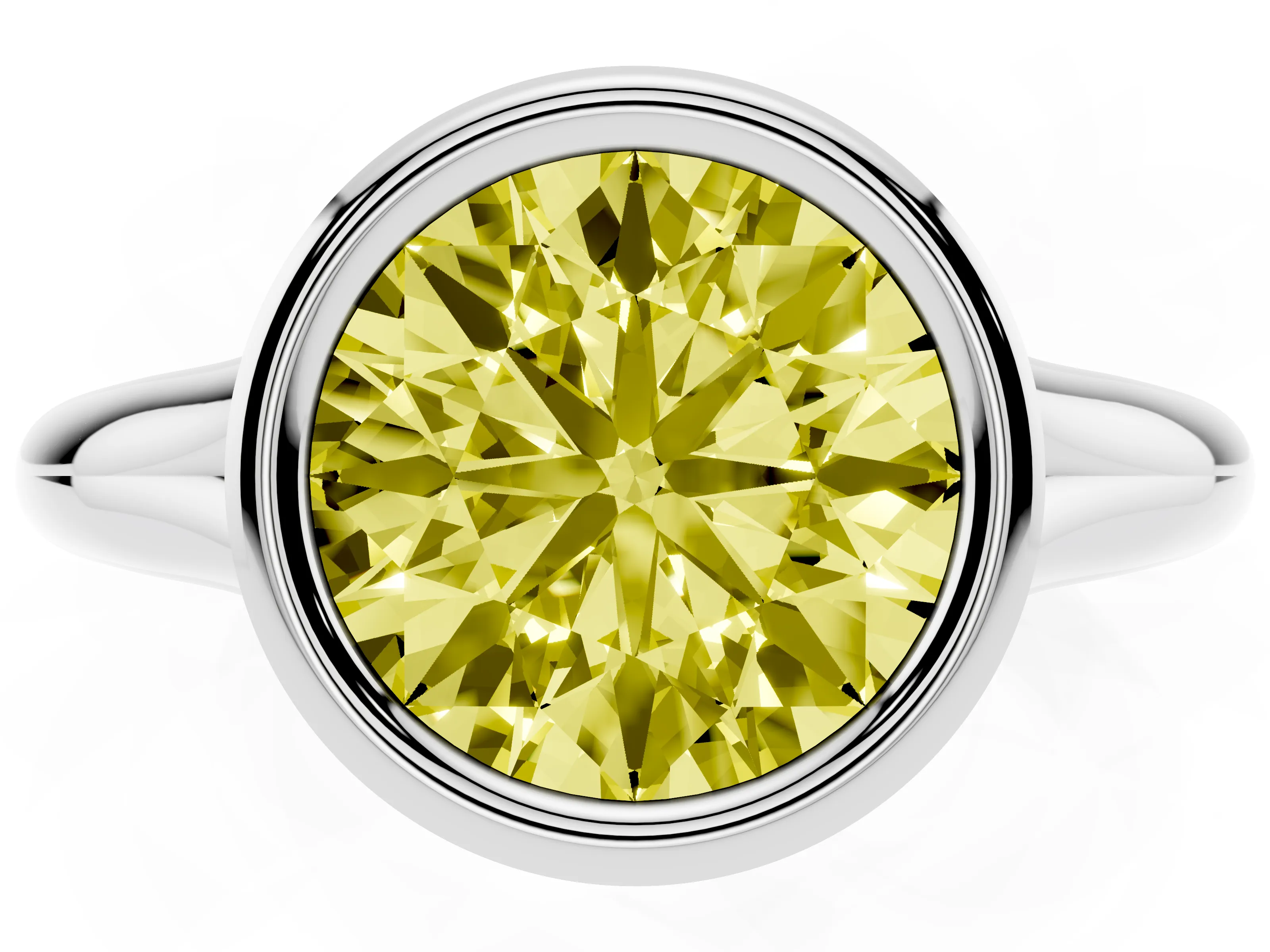 Fancy Yellow Bezel Set Round Cut Diamond Solitaire Ring Set in White gold with Smooth Band