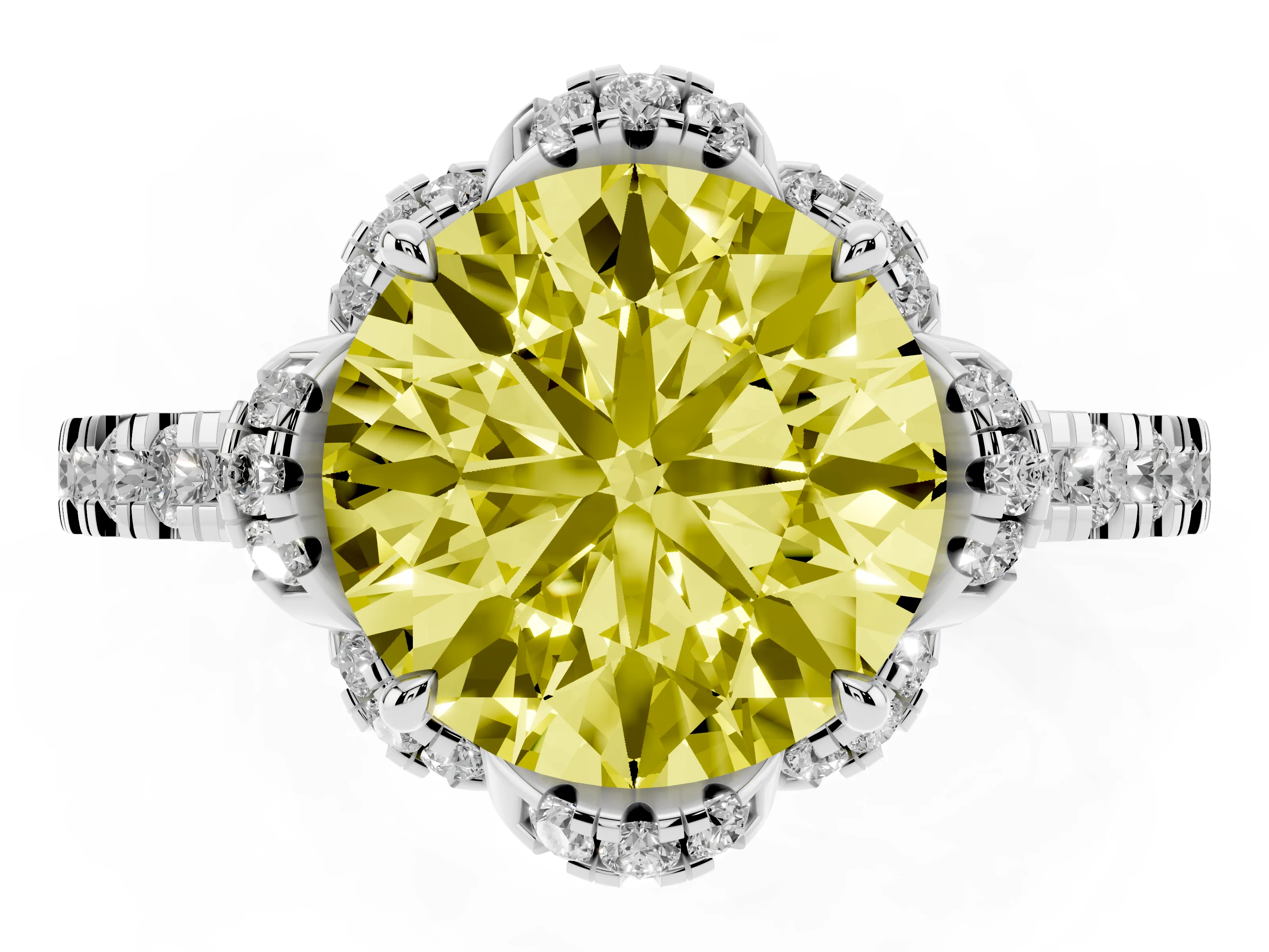 Fancy Yellow Round Cut Diamond Halo Pavé Band Ring Set in White gold with Prong-Held Center