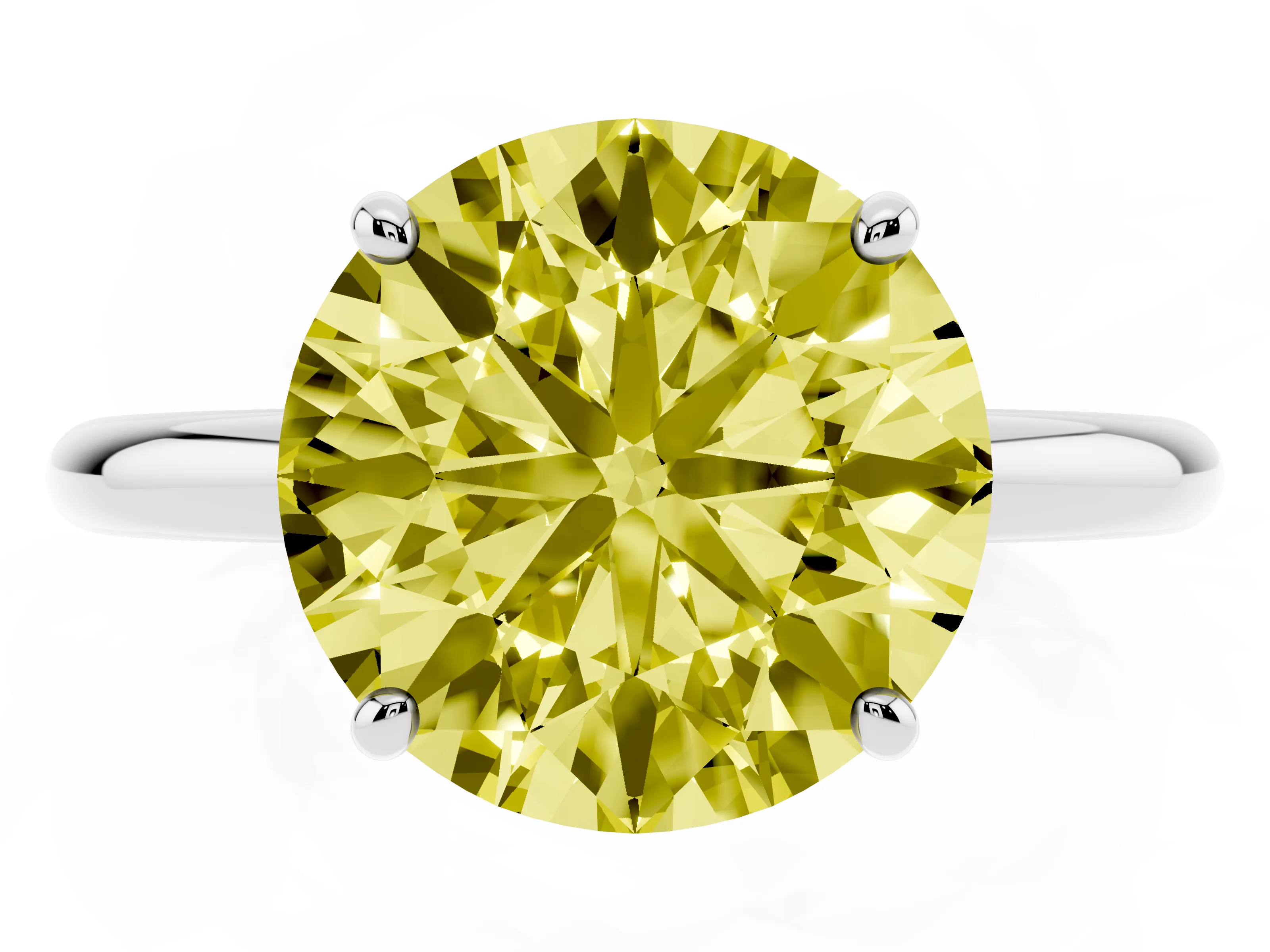 Fancy Yellow Round Cut Diamond Solitaire Ring Set in Platinum with Prong Setting on a Polished Plain Band