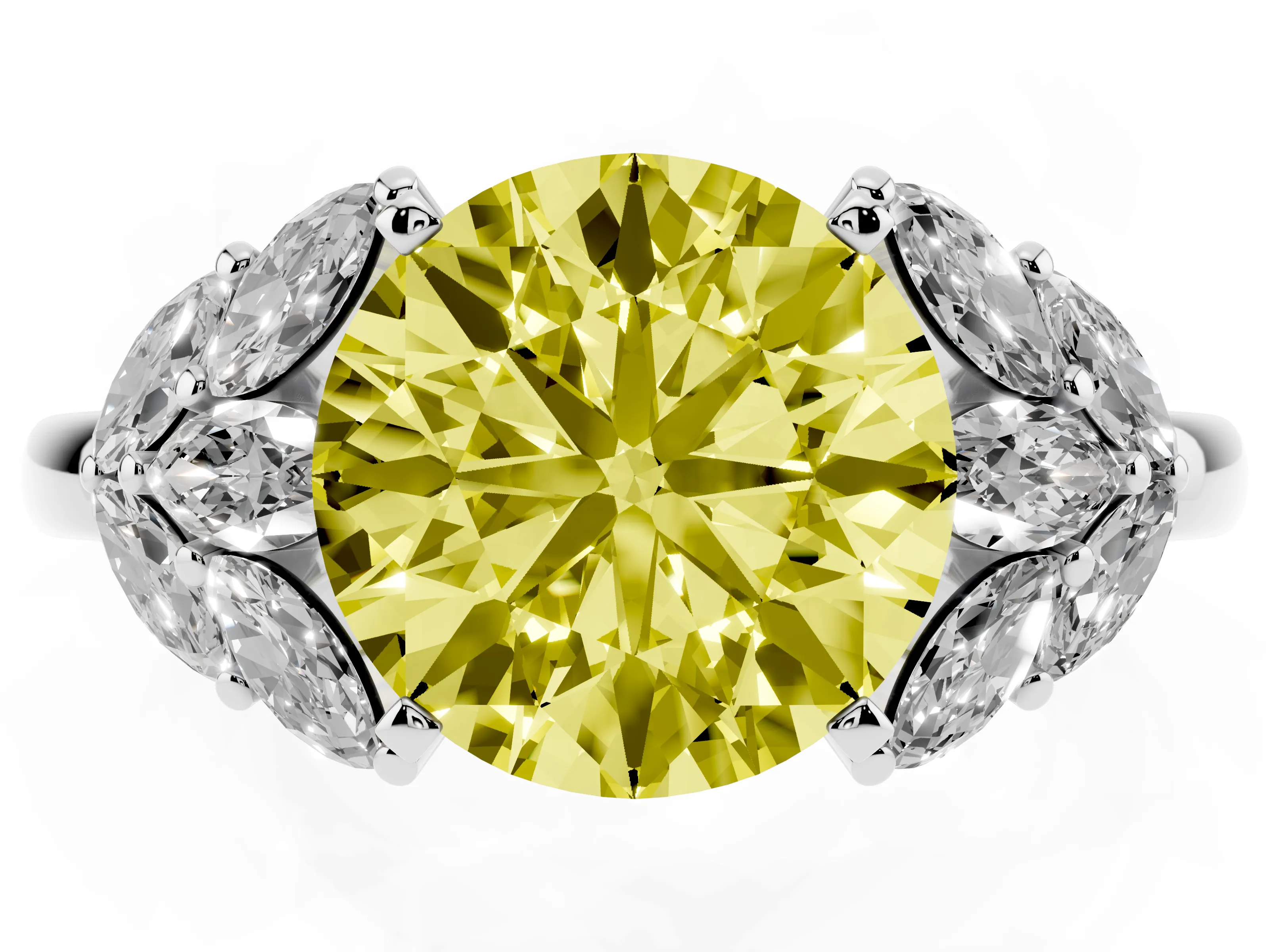 Fancy Yellow Round Cut Diamond Cluster Leaf Design Ring Set in Platinum with Prong Setting