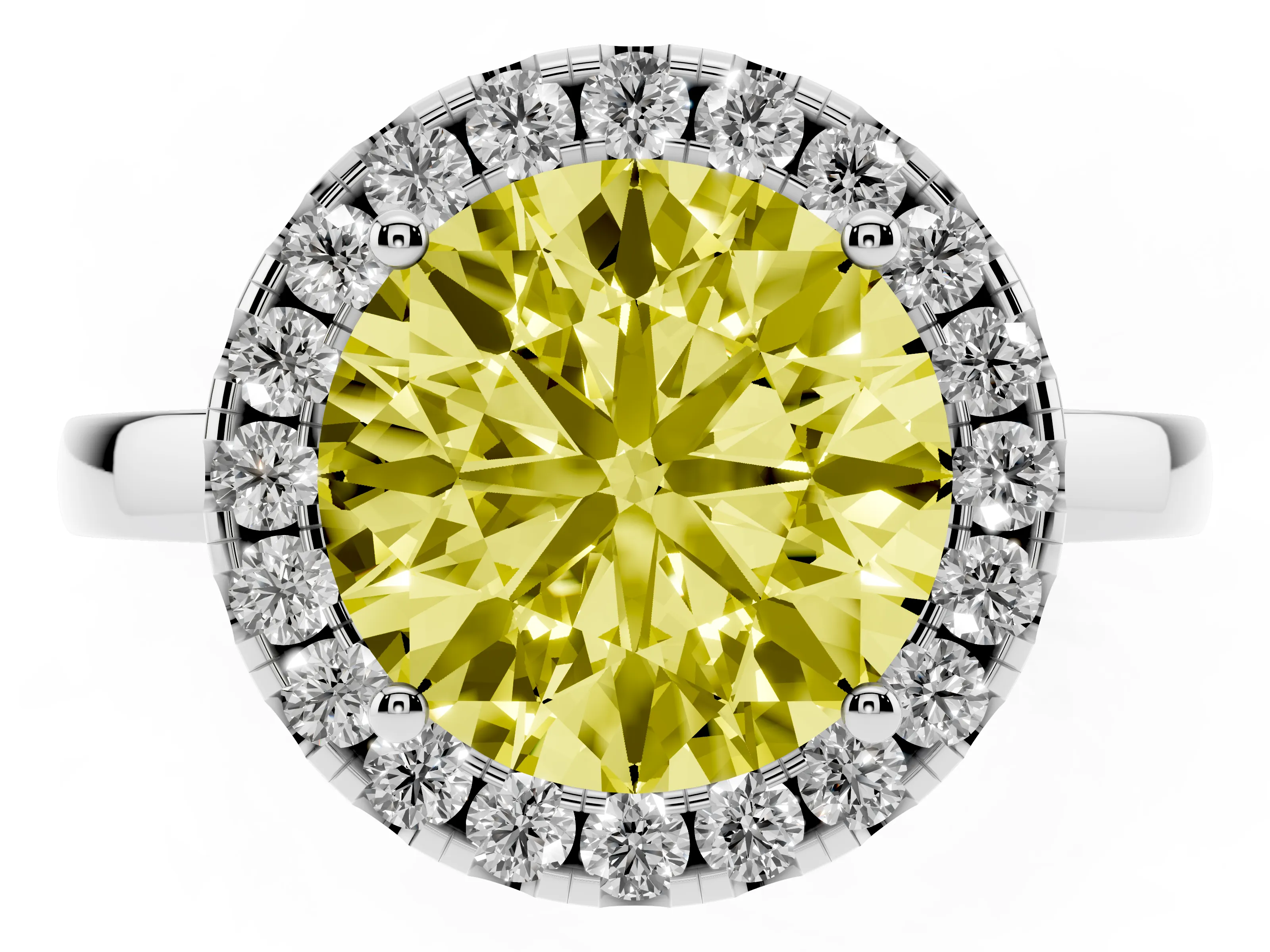 Fancy Yellow Round Cut Diamond Halo Solitaire Ring Set in White gold with Pavé Band and Prong Setting