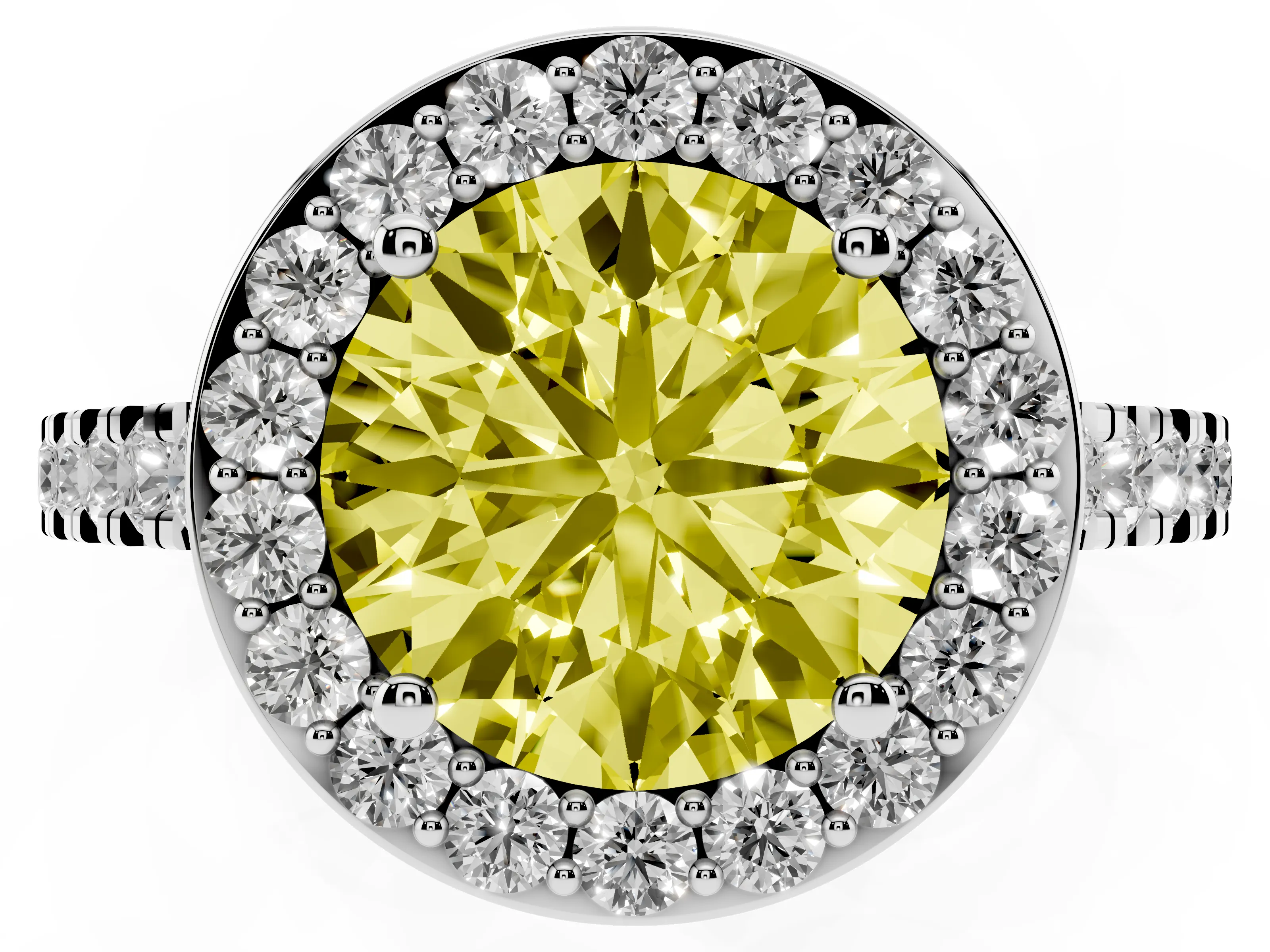 Fancy Yellow Round Cut Diamond Halo Ring Set in Platinum with Round Pavé Split Shank and Prong Setting