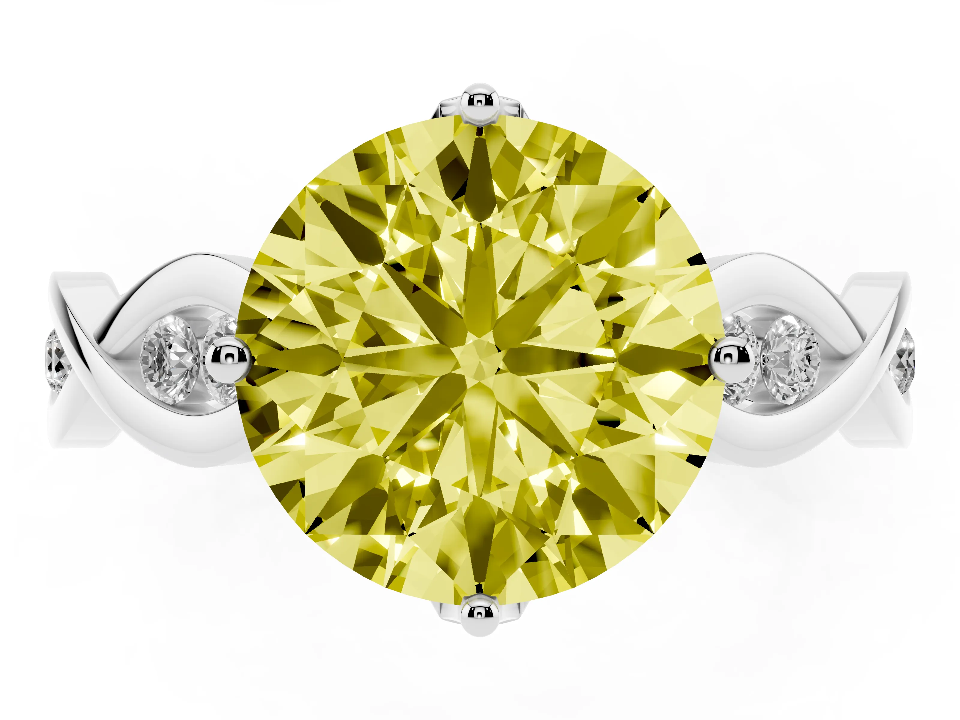 Fancy Yellow Round Cut Diamond Twist Band Solitaire Ring Set in Platinum with Leaf Prong Setting and Accent Stones