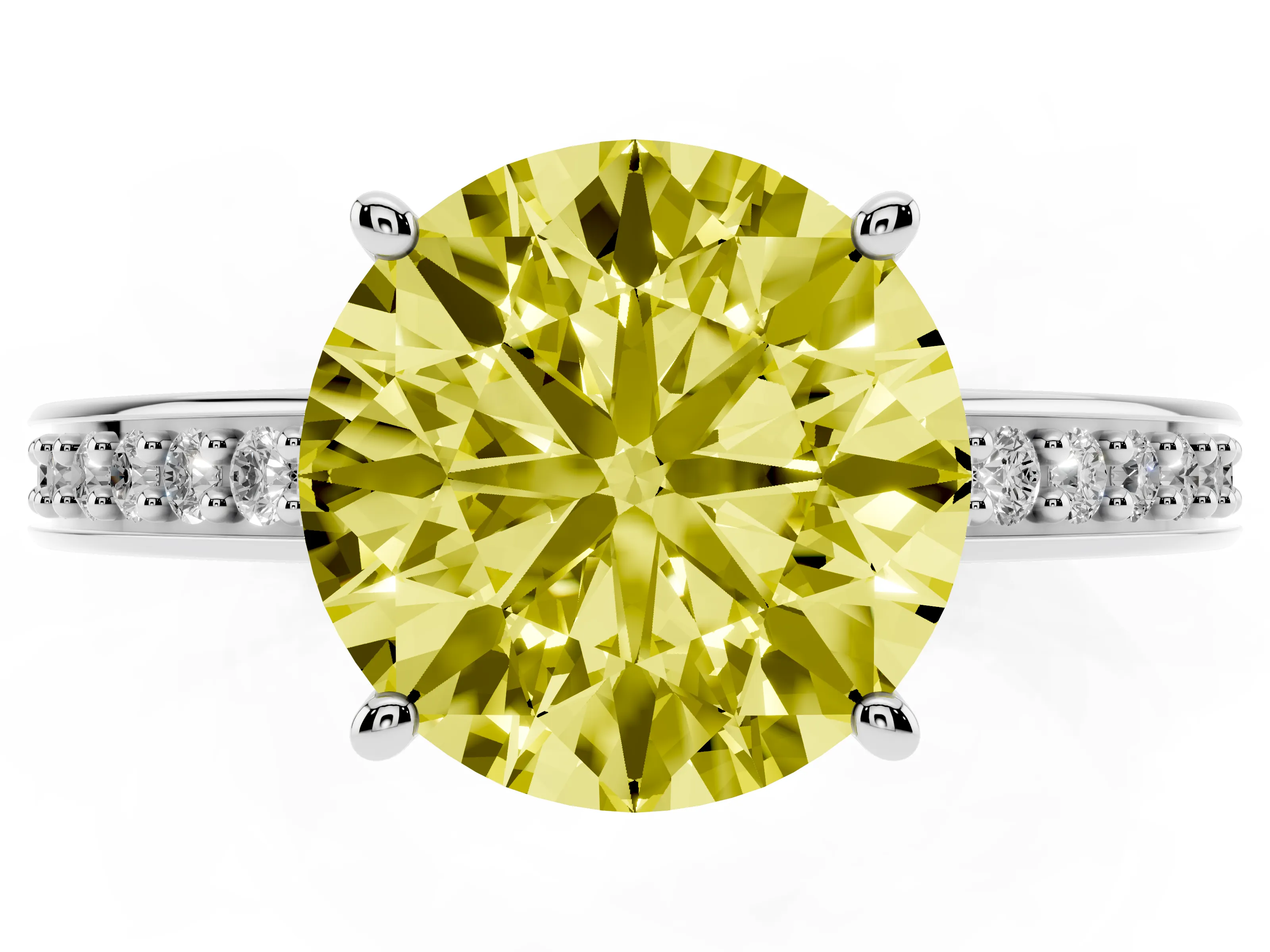 Fancy Yellow Round Cut Diamond Pavé Band Prong Set Solitaire Ring Set in Platinum