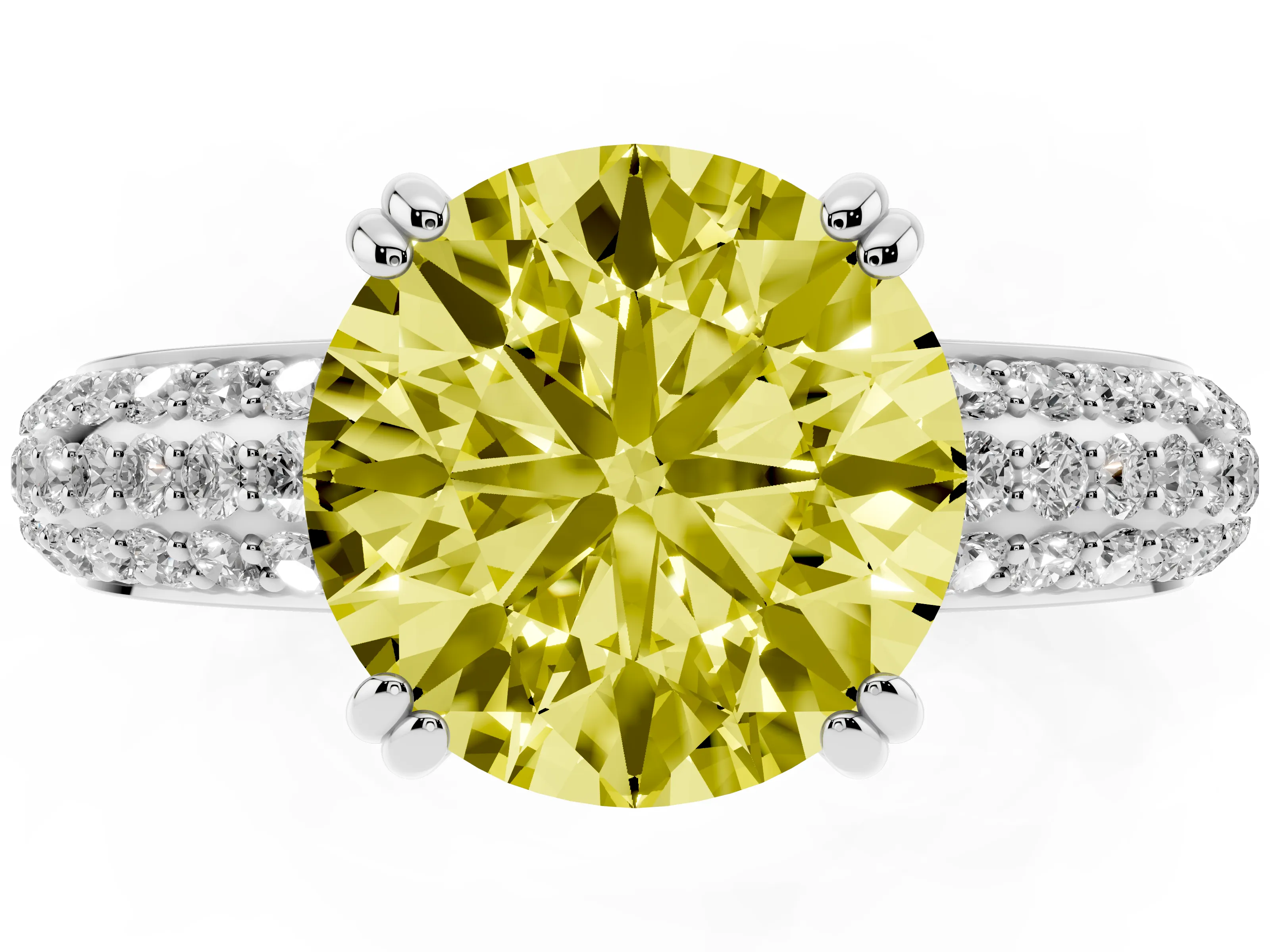 Fancy Yellow Round Cut Diamond Solitaire Ring Set in Platinum with Multi-Row Round Pavé Band and Prong Setting