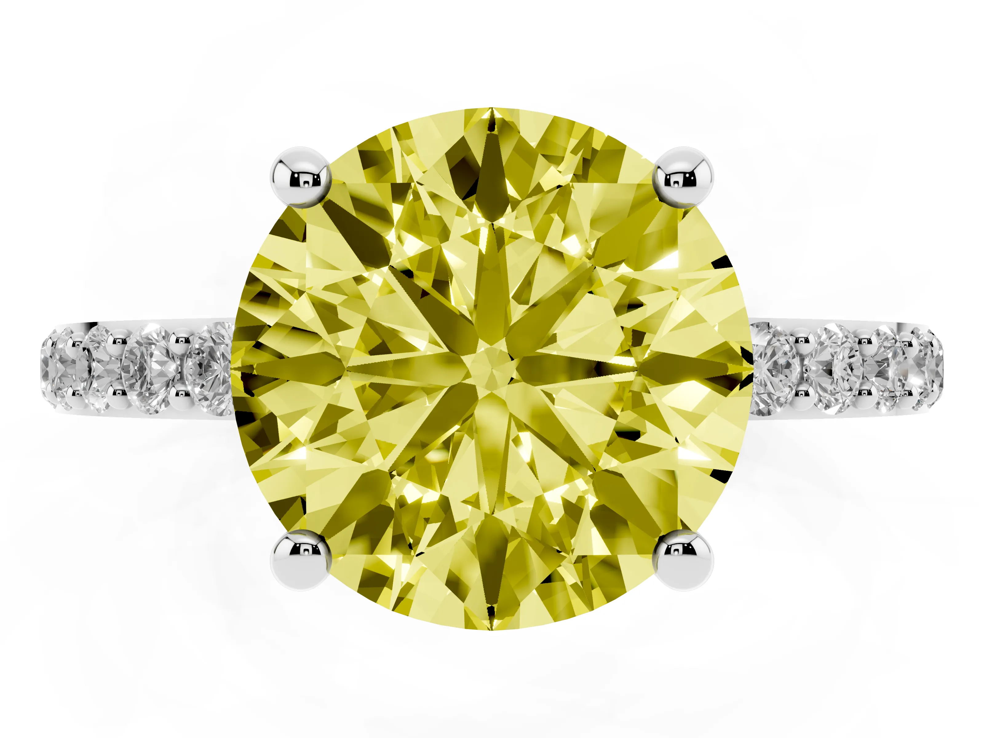 Fancy Yellow Round Cut Diamond Solitaire Ring Set in Platinum with Round Pavé Band and Prong Setting