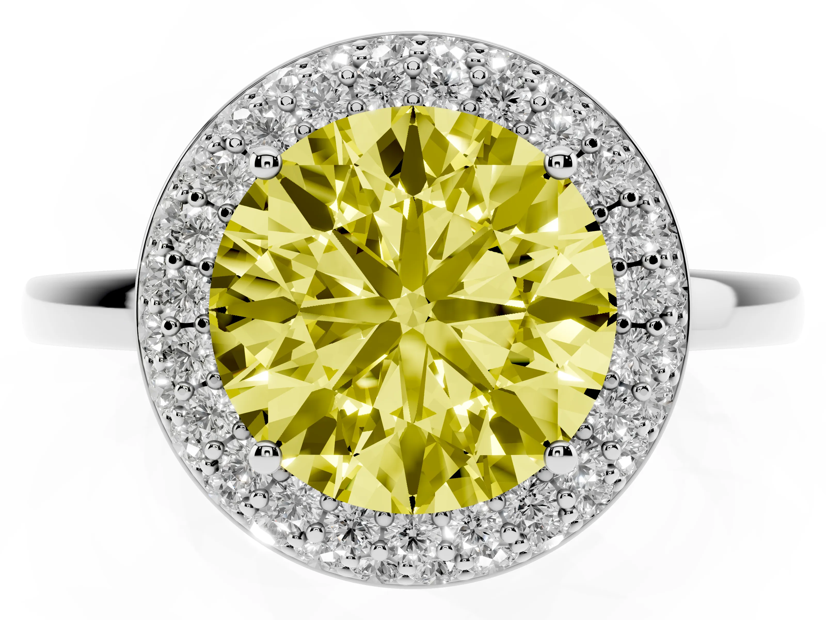 Fancy Yellow Round Cut Diamond Halo Engagement Ring Set in White gold with Solitaire Band and Prong Setting