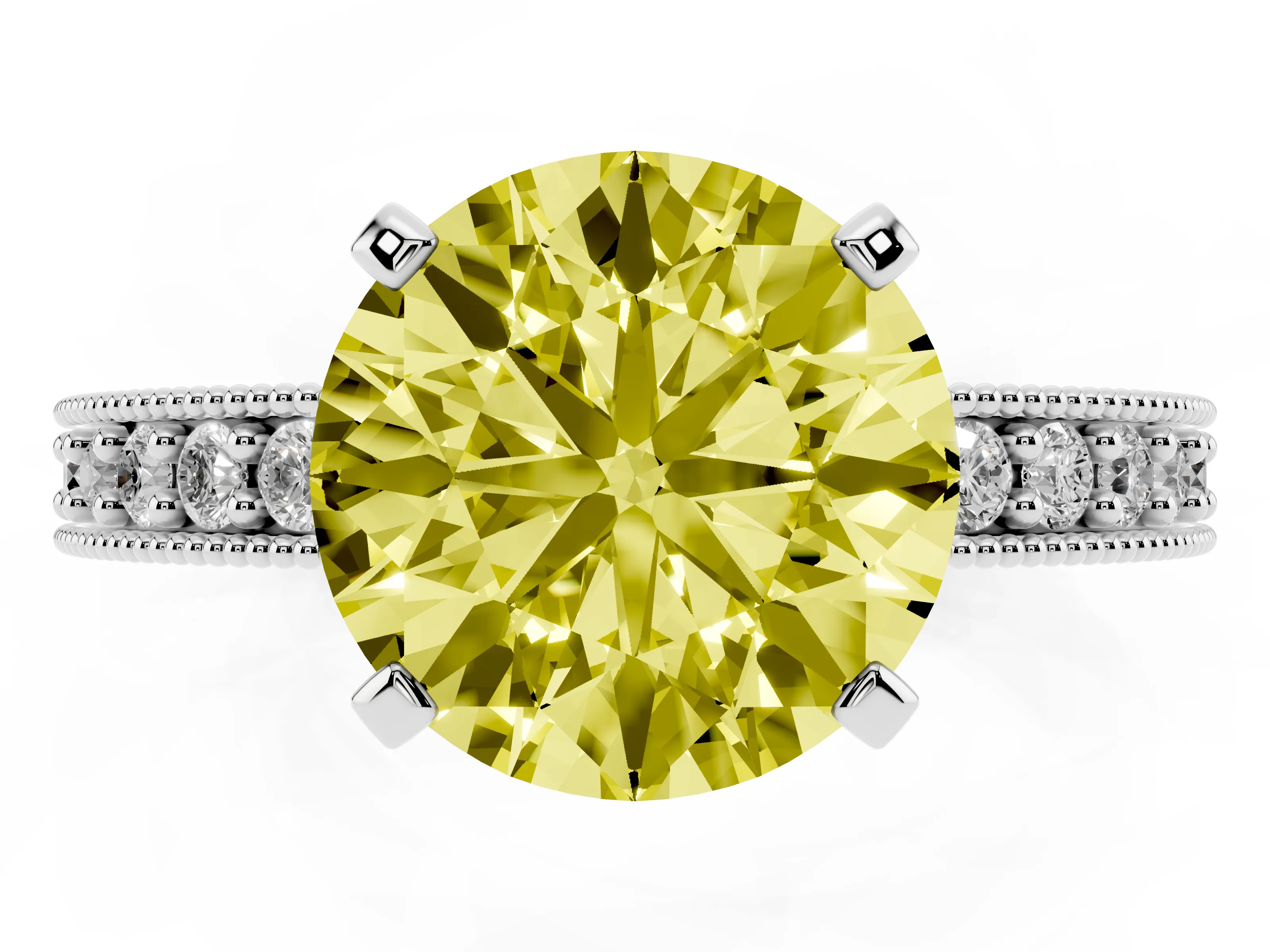 Fancy Yellow Round Cut Diamond Milgrain Pavé Engagement Ring Set in Platinum with Prong Setting