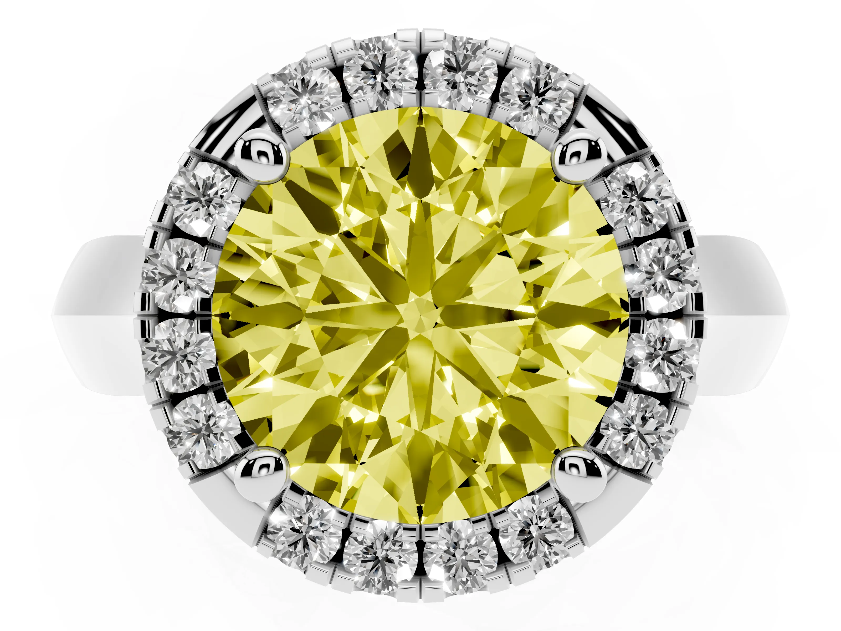 Fancy Yellow Round Cut Diamond Halo Solitaire Engagement Ring Set in Platinum with Square Band and Prong Setting