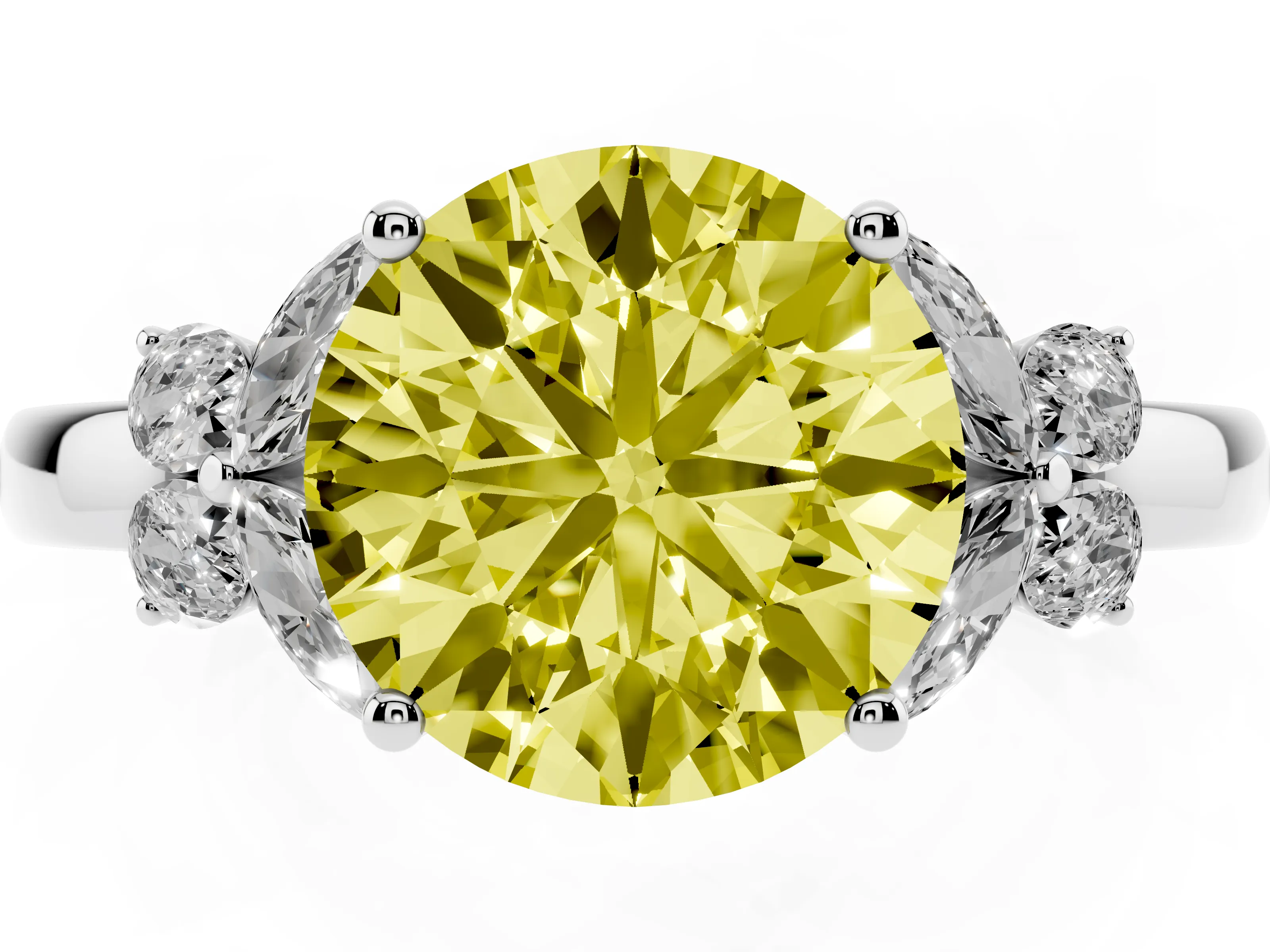 Fancy Yellow Round Cut Diamond Solitaire Floral Ring Set in Platinum with Marquise Petals and Prong Setting
