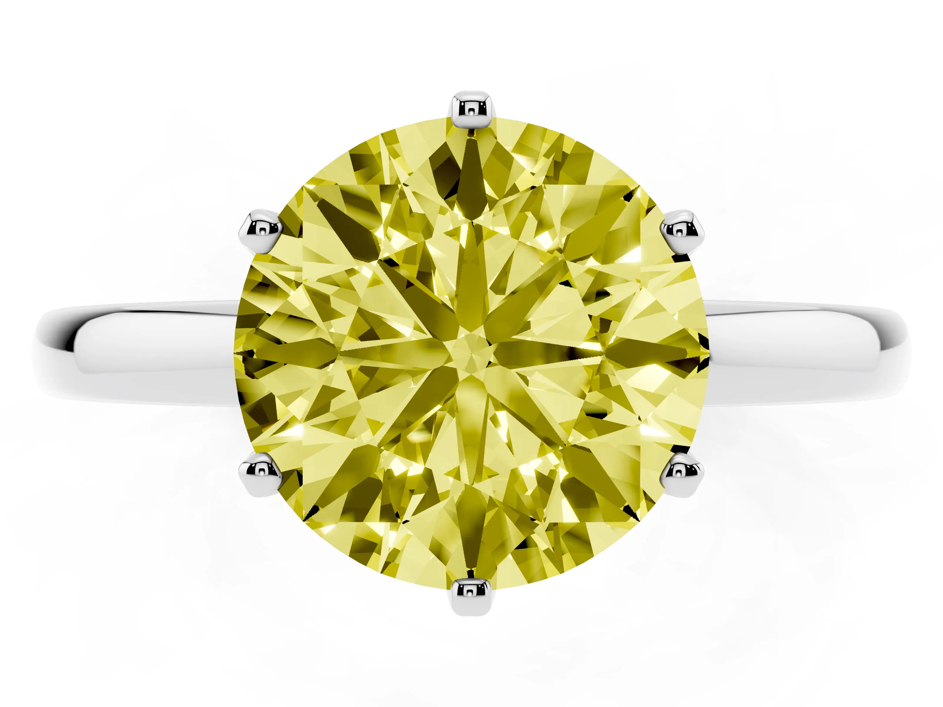 Fancy Yellow Round Cut Diamond Solitaire Ring Set in Platinum with Raised Prong Setting on a Classic Band