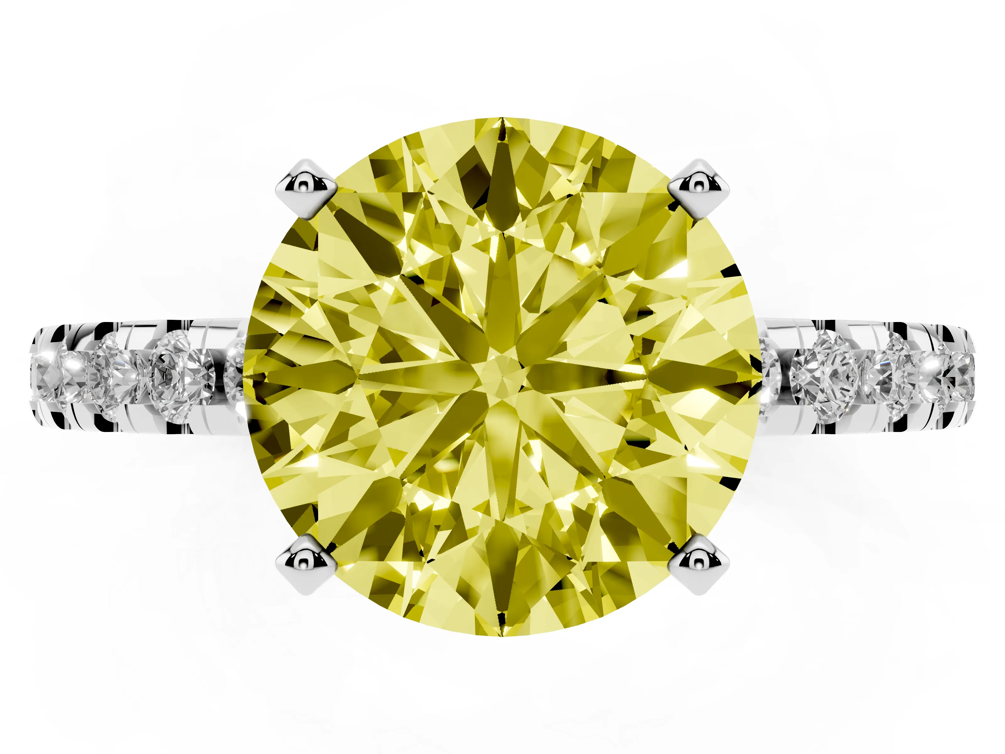 Fancy Yellow Round Cut Diamond Pavé Solitaire Ring Set in Platinum with Round Band Accents and Prong Setting