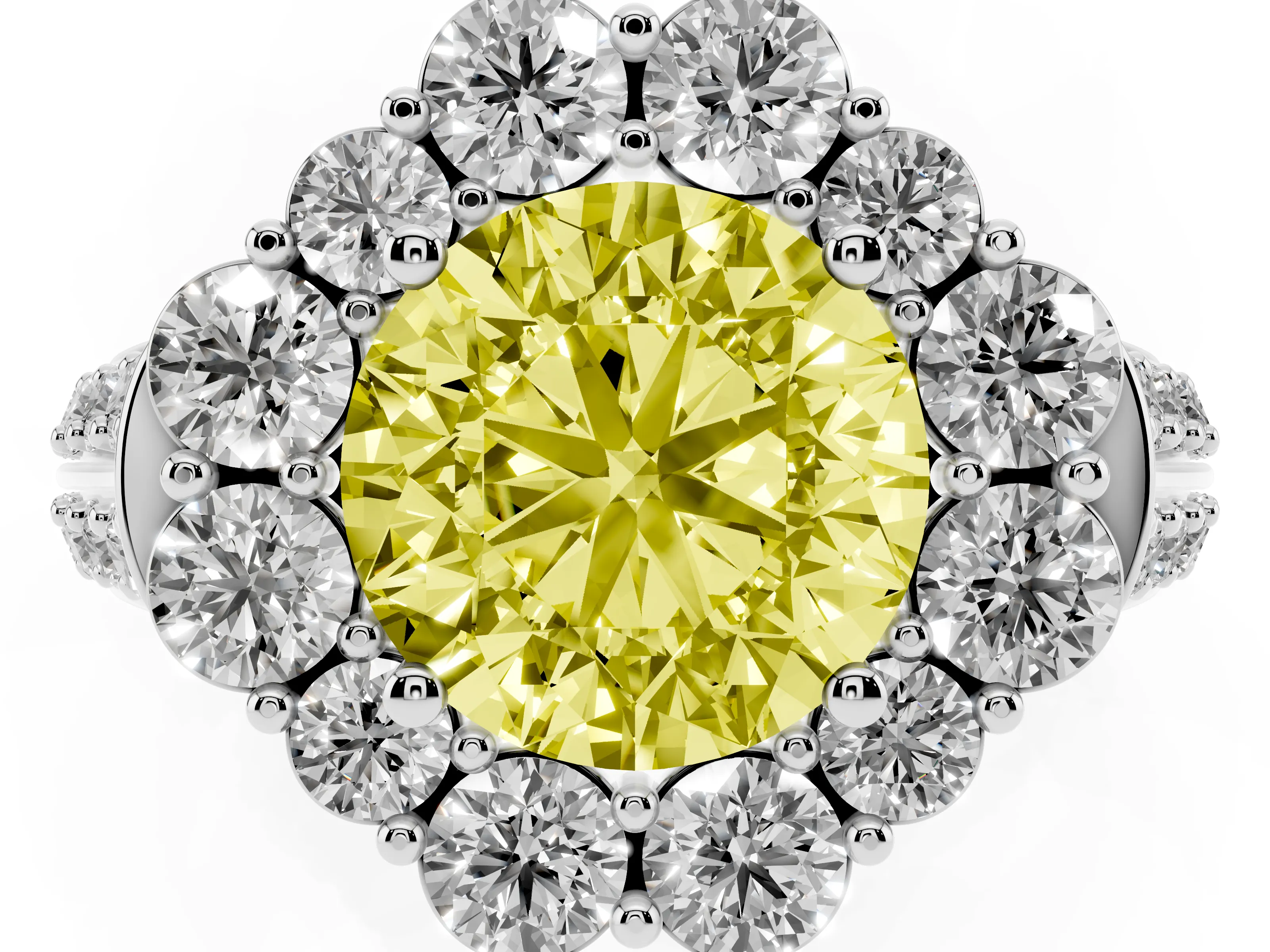 Fancy Yellow Round Cut Diamond Halo Engagement Ring Set in White gold with Split Shank and Prong Setting